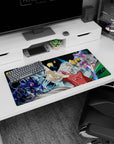 Maximillion Pegasus pointing with Dark Magician Girl on neon backdrop anime mouse pad 32x16 inches.