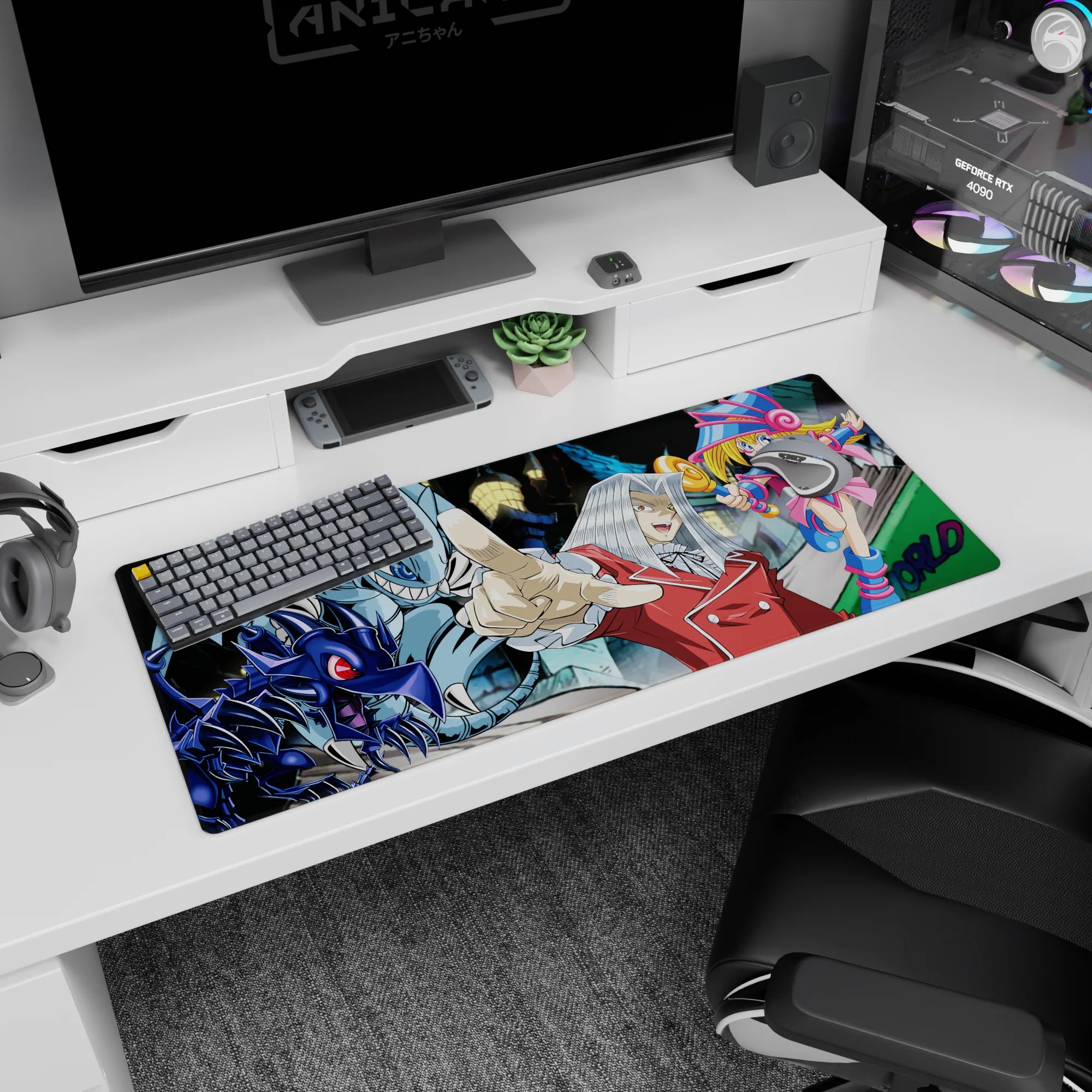 Maximillion Pegasus points at you beside Dark Magician Girl on a 36x16 inches anime desk pad, neon glow.