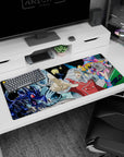 Maximillion Pegasus points at you beside Dark Magician Girl on a 36x16 inches anime desk pad, neon glow.
