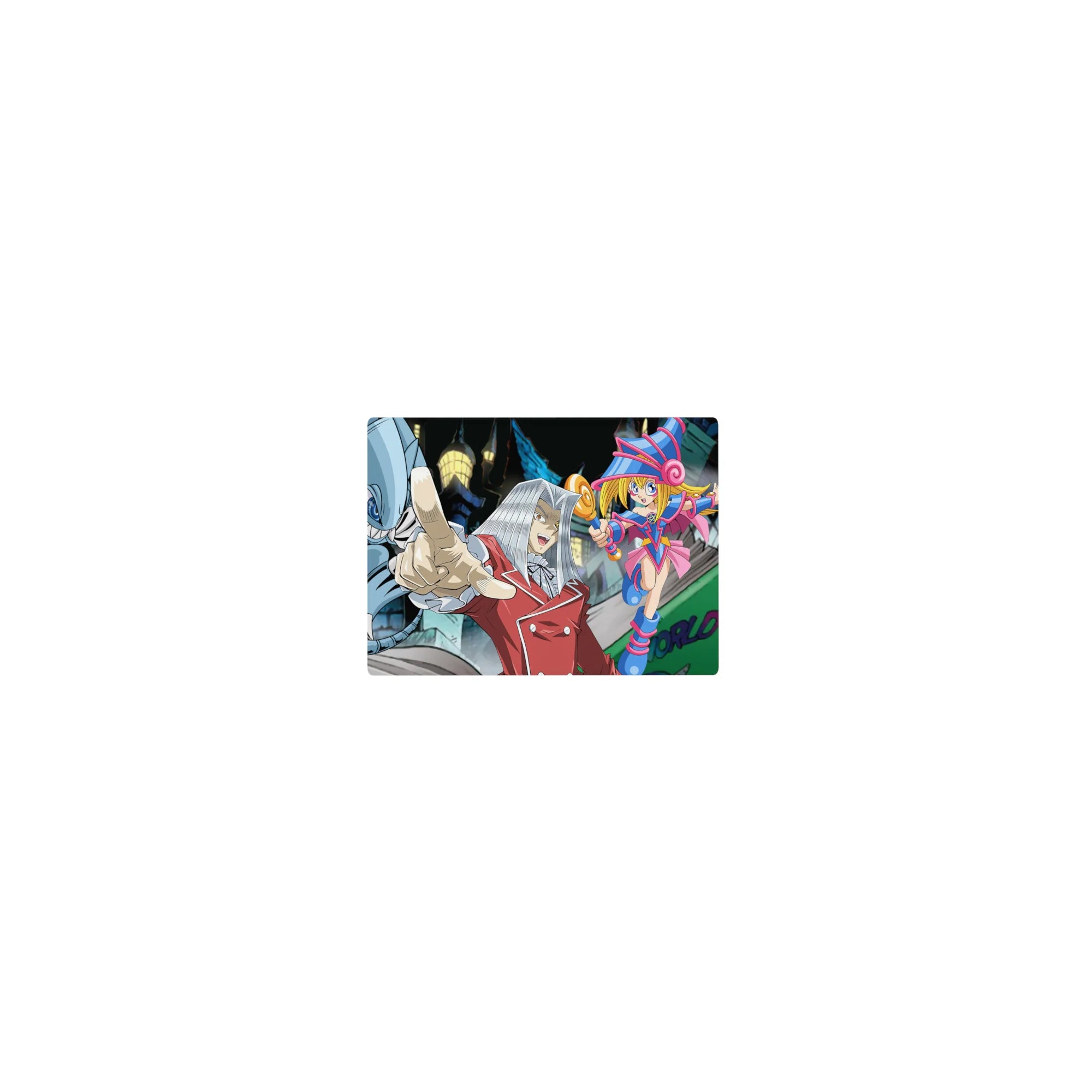 Classic anime mouse pad 14x10 inches with duelist heroes, steel dragon and shadow beast in neon city art.