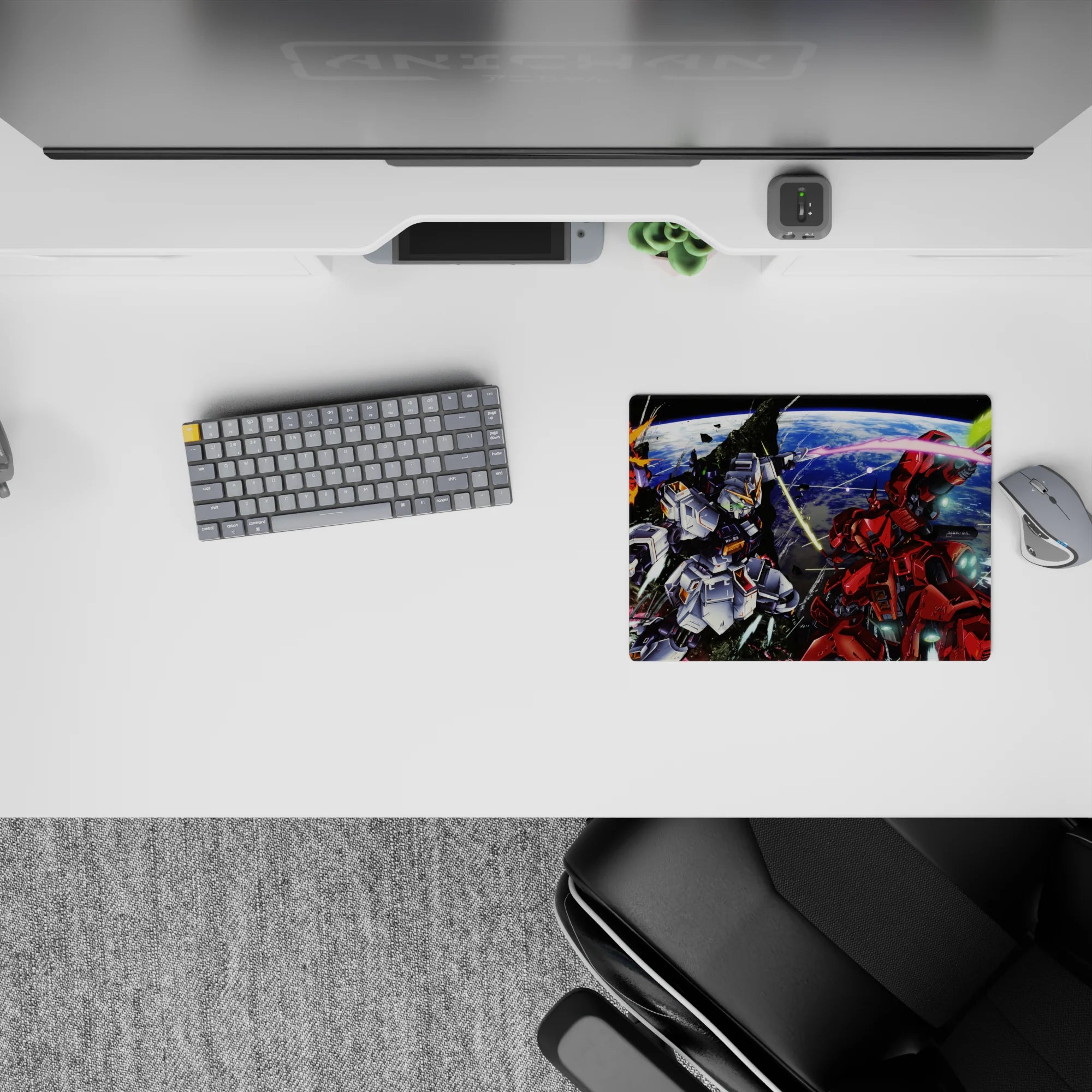 Anime mouse pad 14x10 inches in icy white and hot red with neon green saber glow on a blue Earth backdrop.