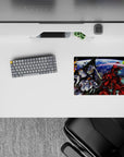 Anime mouse pad 14x10 inches in icy white and hot red with neon green saber glow on a blue Earth backdrop.