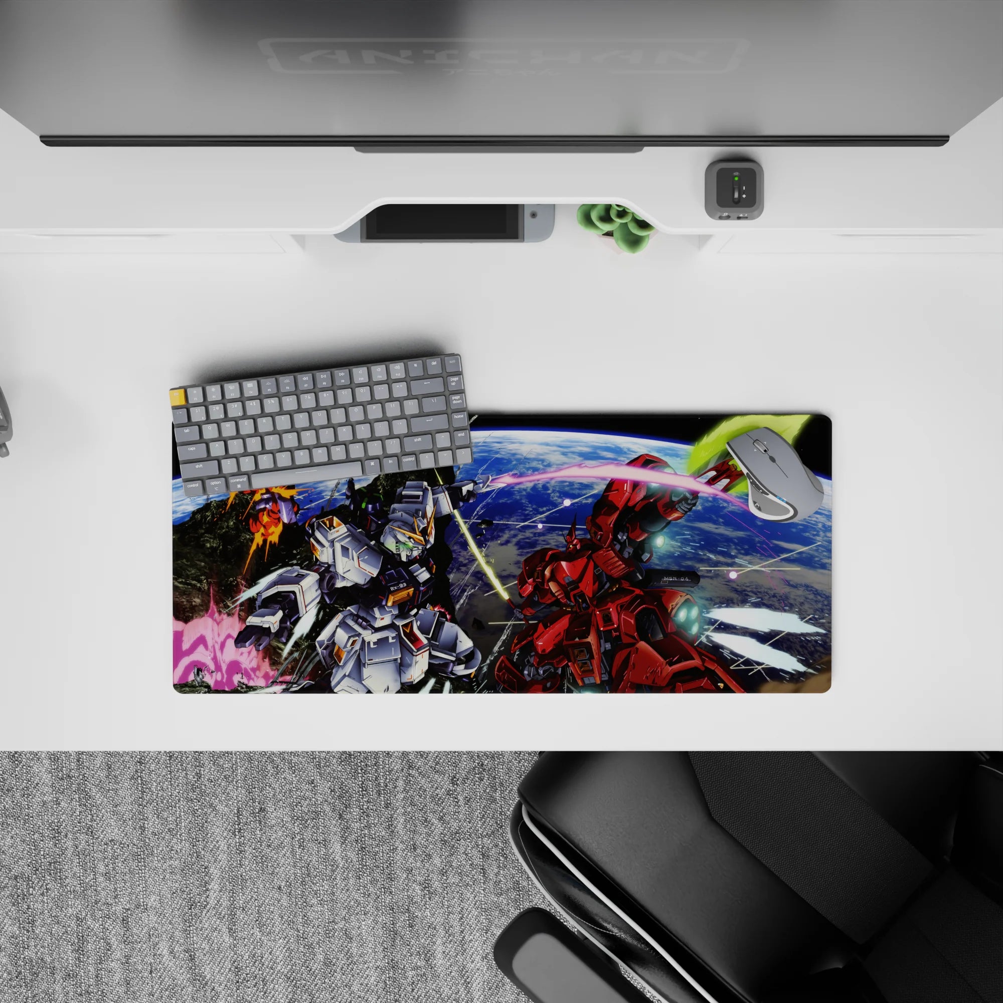 28x12 inches anime mouse pad in icy white and hot red with neon beam trails, cockpit-like sci-fi vibe.