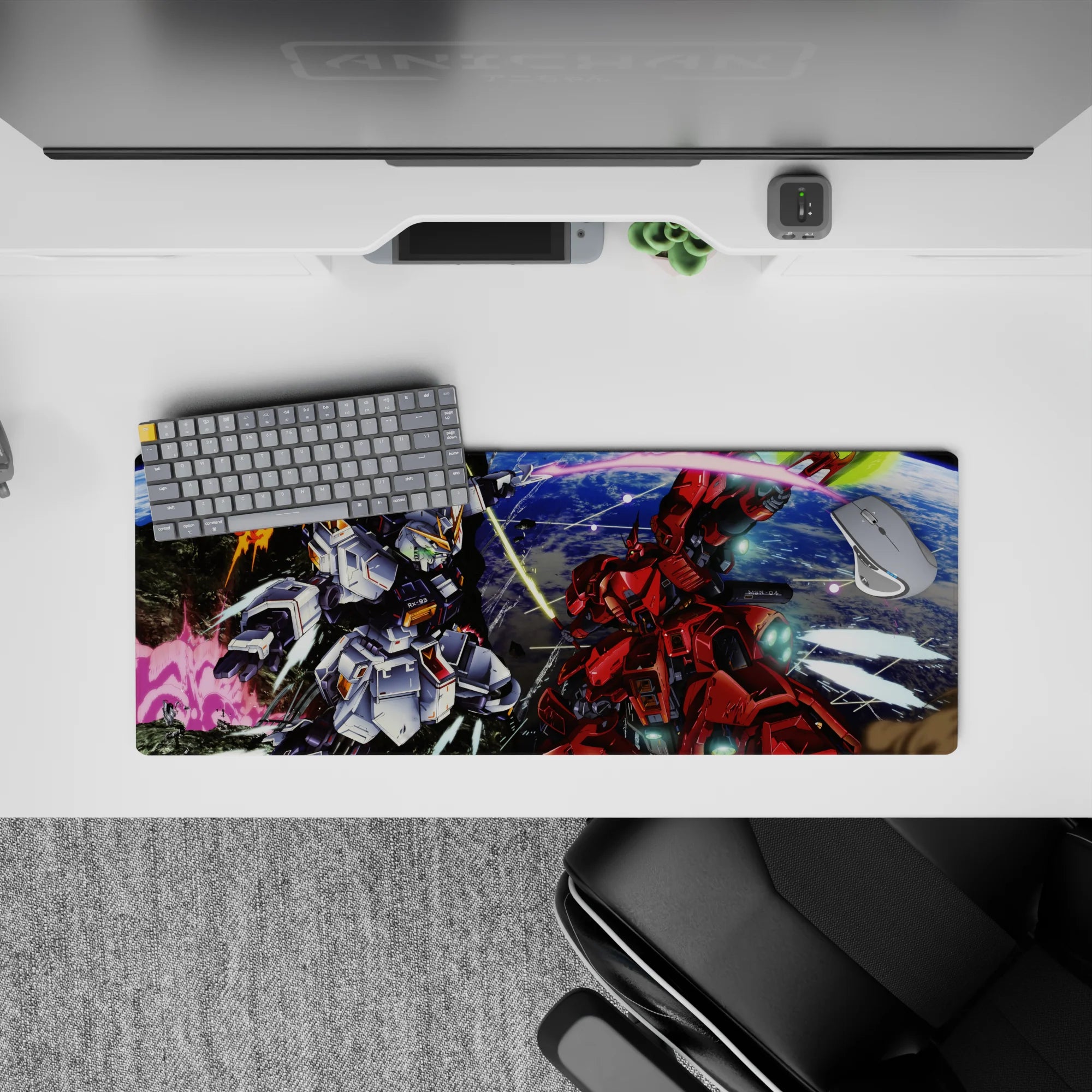 32x12 inches anime mouse pad in icy whites and hot reds with neon green beam saber glow, sci-fi vibe.