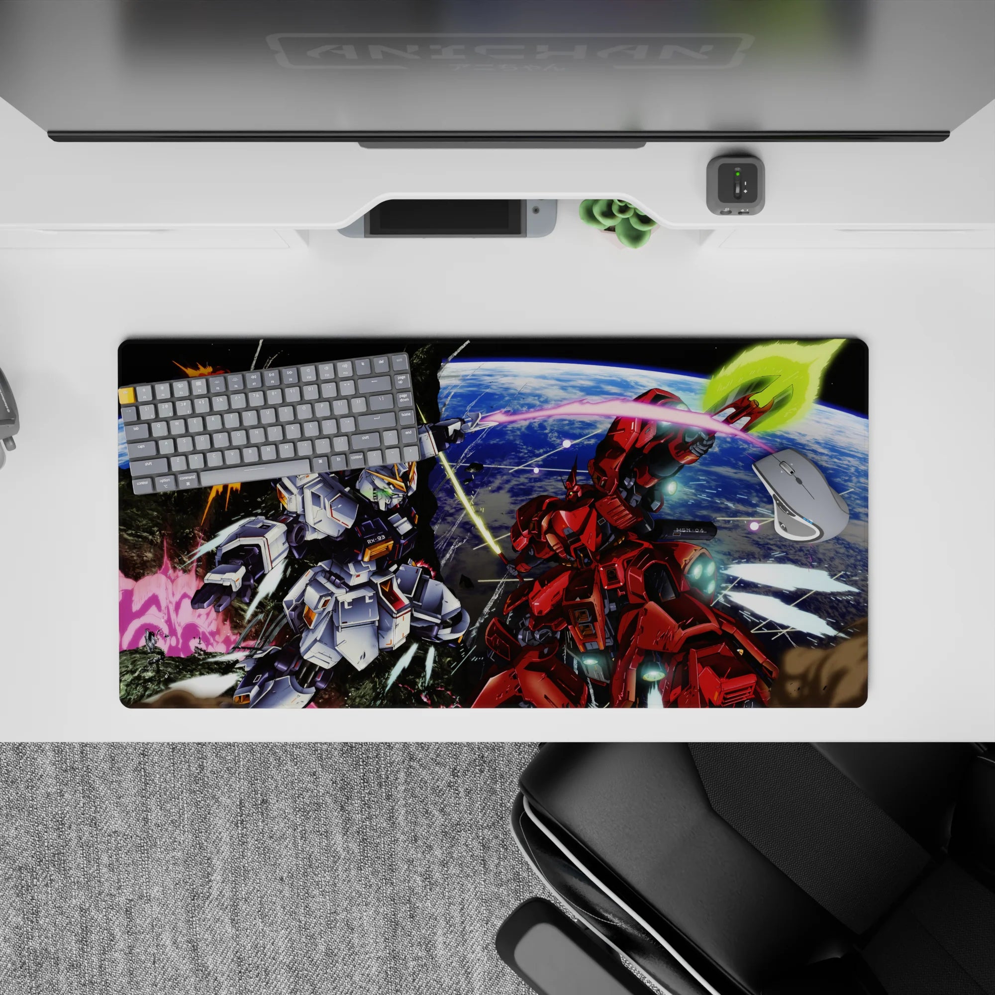 32x16 inches anime mouse pad in icy white and hot red with neon green glow on a deep blue Earth backdrop.