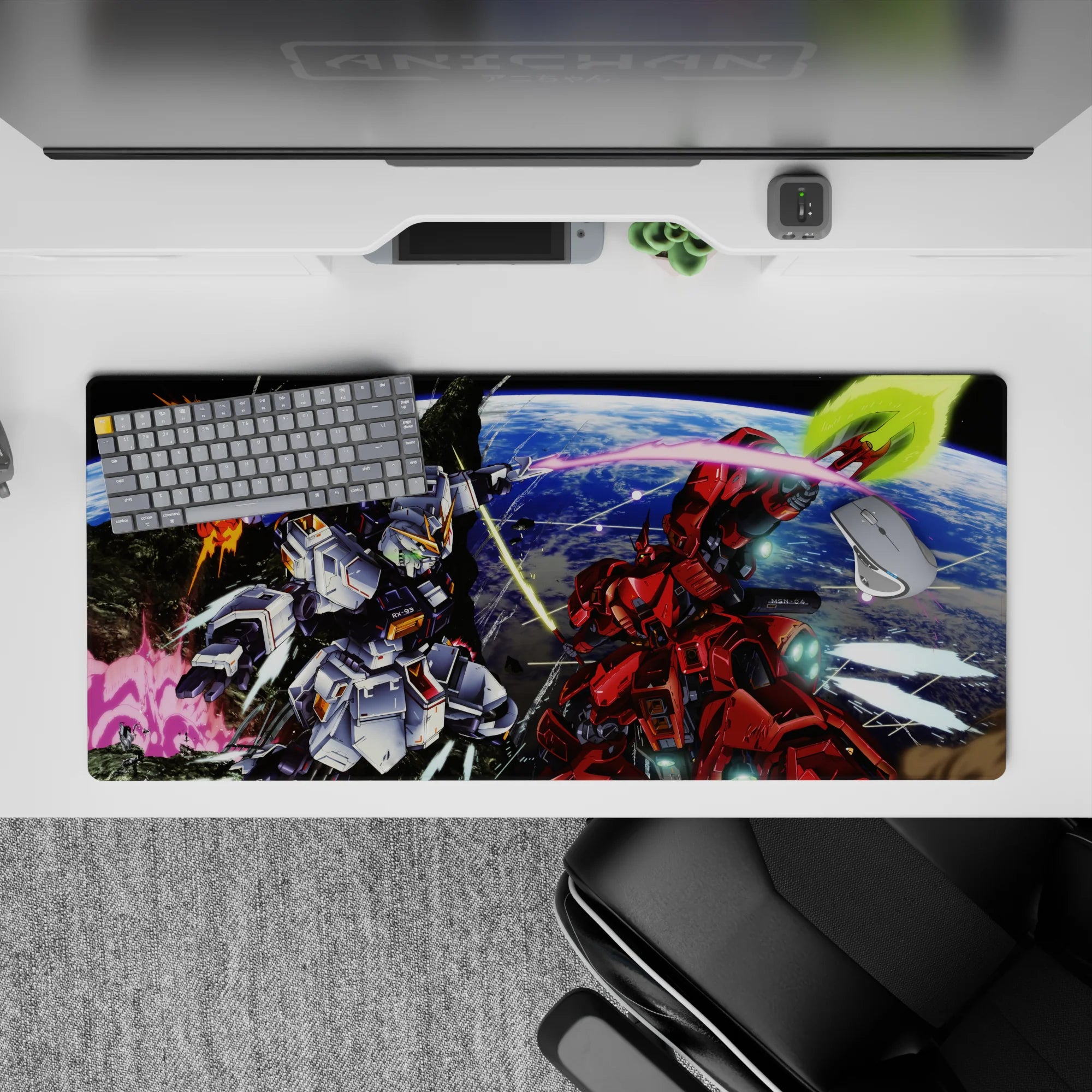 36x16 inches anime desk pad in icy whites and hot reds with neon green glow on a deep blue space backdrop.