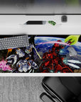 36x16 inches anime desk pad in icy whites and hot reds with neon green glow on a deep blue space backdrop.