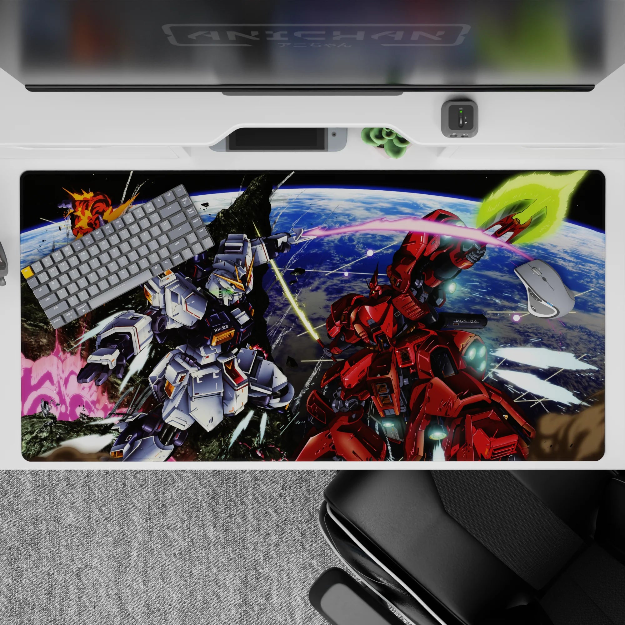 40x20 inches anime desk pad in icy whites and hot reds with neon green beam glow on blue Earth.