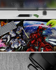 40x20 inches anime desk pad in icy whites and hot reds with neon green beam glow on blue Earth.