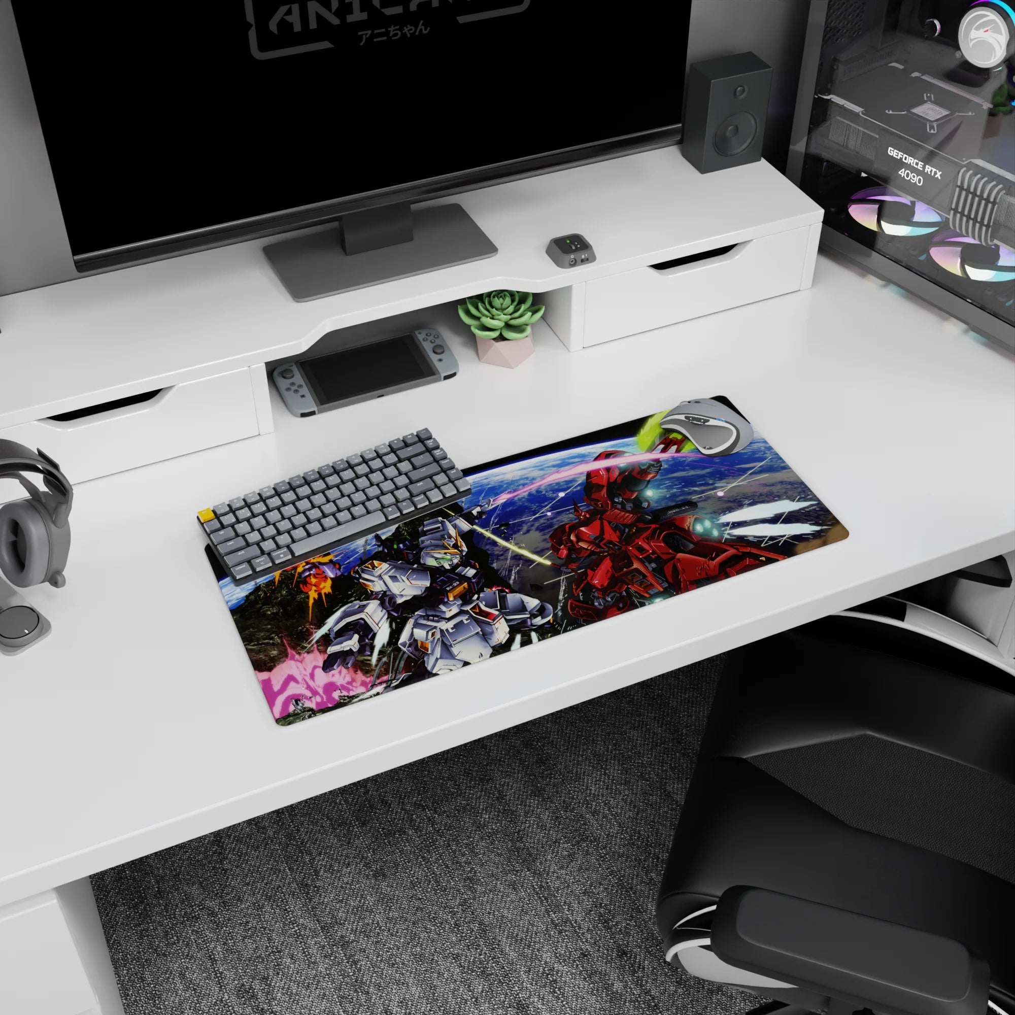 28x12 inches anime mouse pad showing Nu Gundam vs crimson Sazabi, green beam saber glow and space debris.