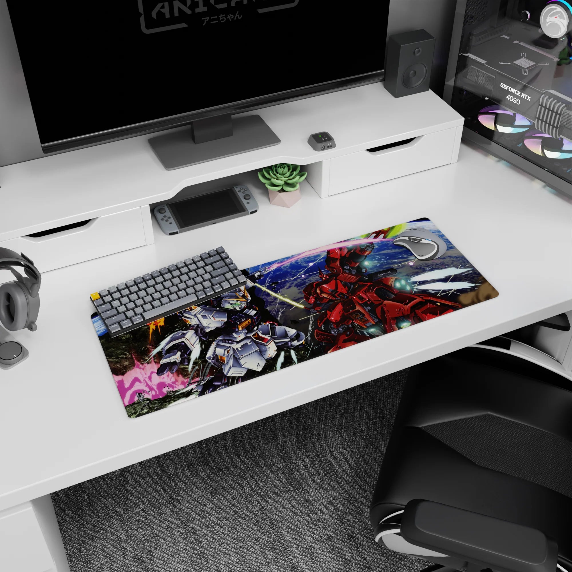32x12 inches Gundam Char’s Counterattack mouse pad showing RX-93 Nu Gundam facing Char’s Sazabi.
