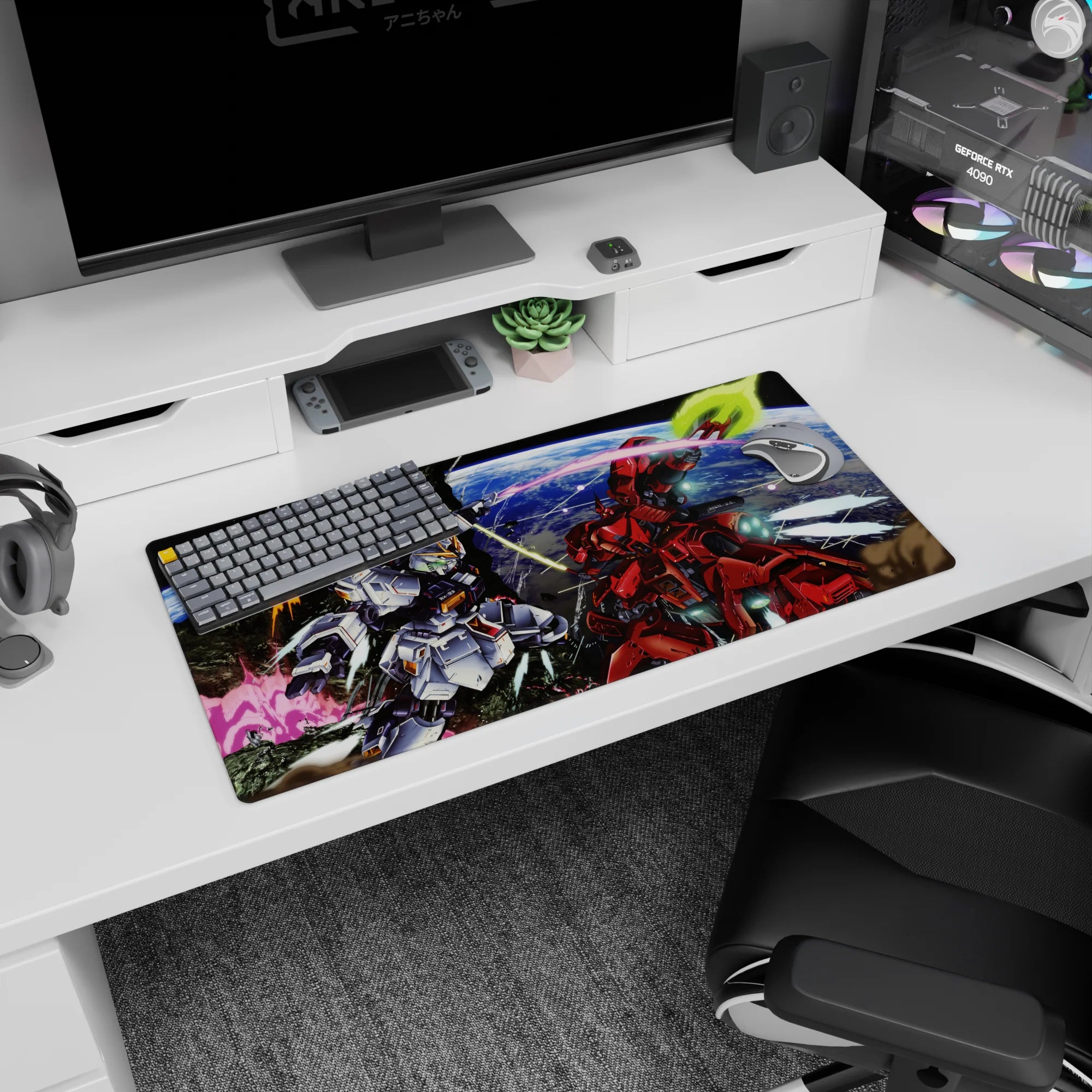 32x16 inches Gundam mouse pad featuring RX-93 Nu Gundam vs crimson Sazabi, beam saber clash in space.