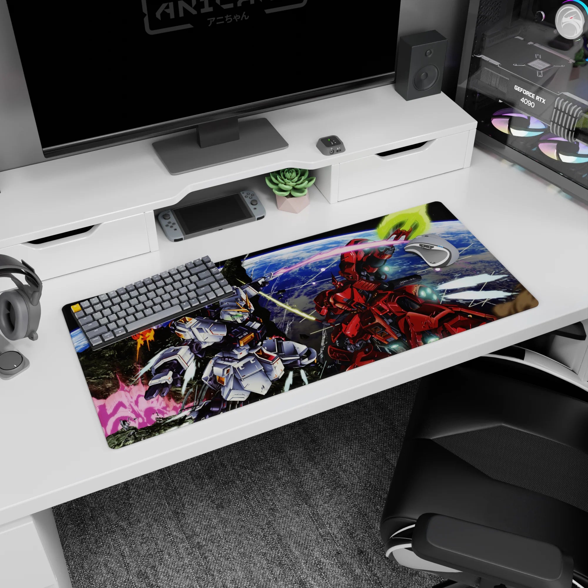 36x16 inches anime desk pad featuring RX-93 Nu Gundam and crimson Sazabi locked in a beam saber clash.