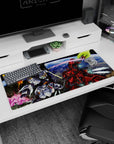 36x16 inches anime desk pad featuring RX-93 Nu Gundam and crimson Sazabi locked in a beam saber clash.
