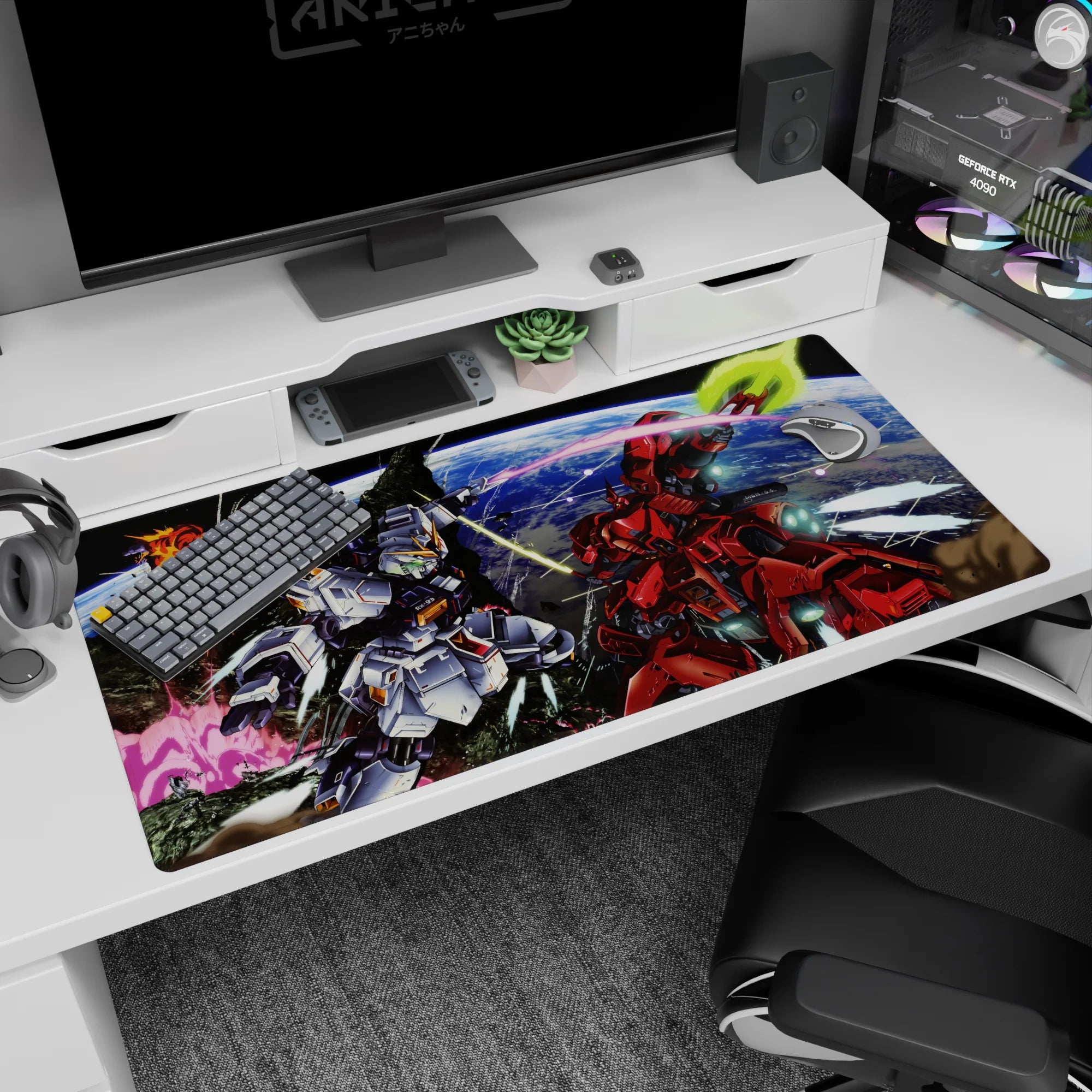 40x20 inches Char’s Counterattack desk pad showing RX-93 Nu Gundam and crimson Sazabi in battle.