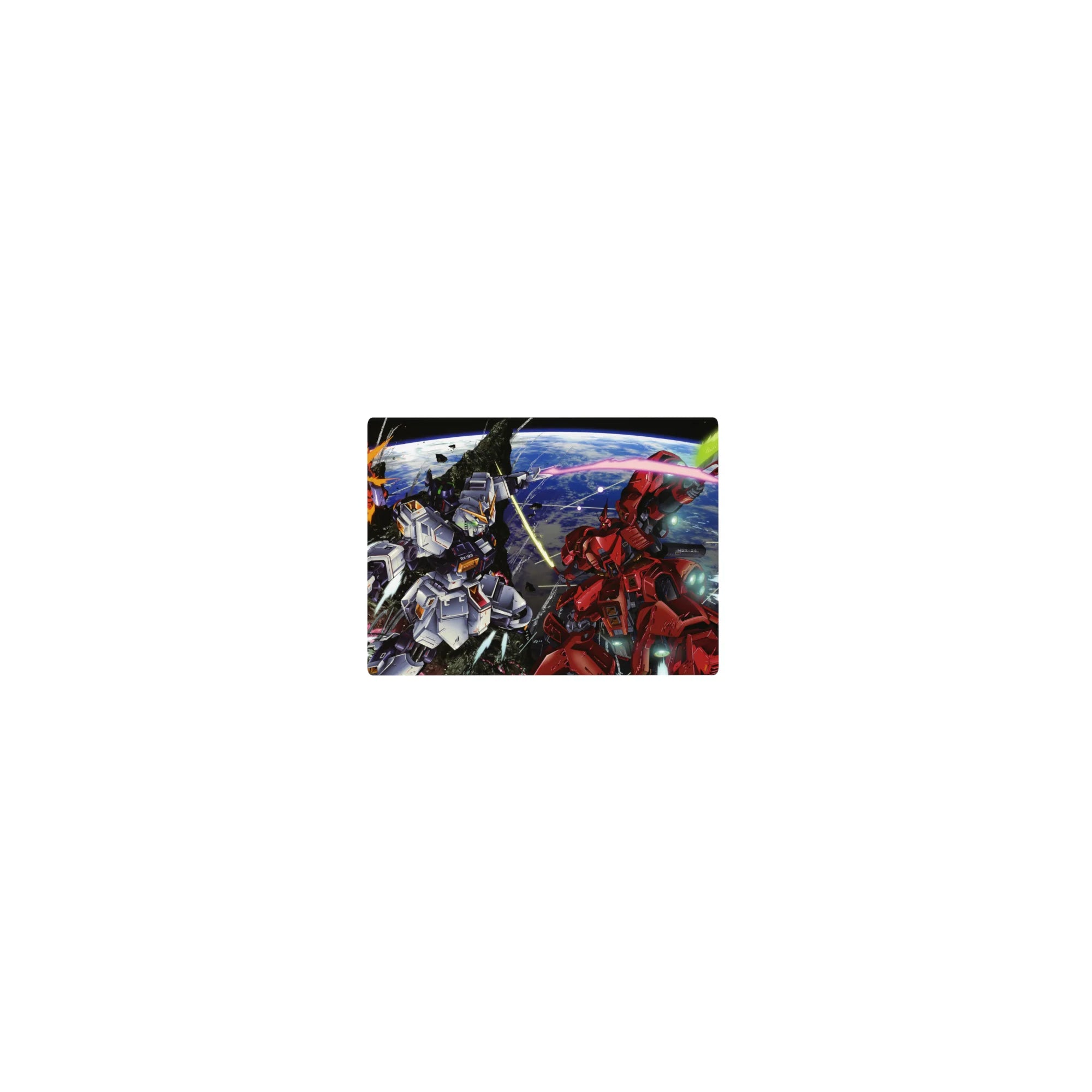 Classic anime mouse pad 14x10 inches with mecha battle over Earth, beam trails and detailed space debris.