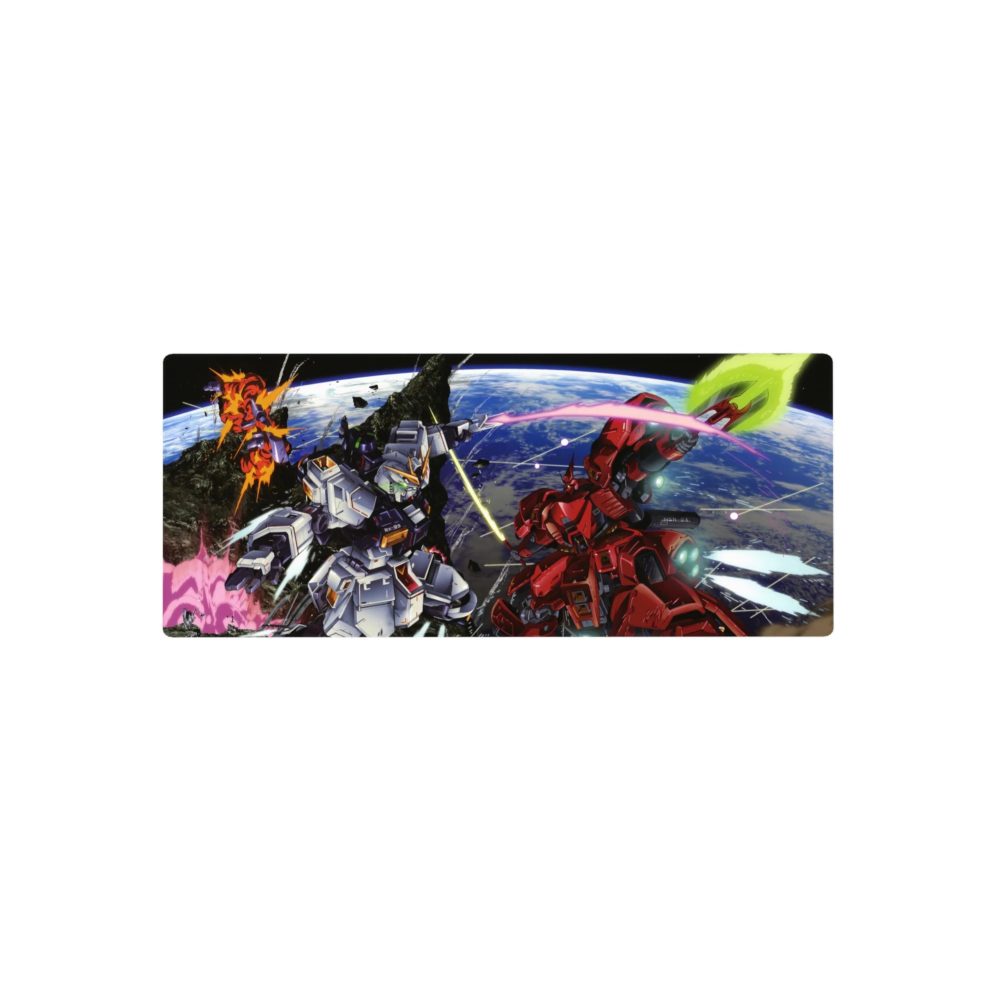 28x12 inches anime mouse pad with Gundam space battle over Earth, RX-93 Nu and Sazabi artwork.