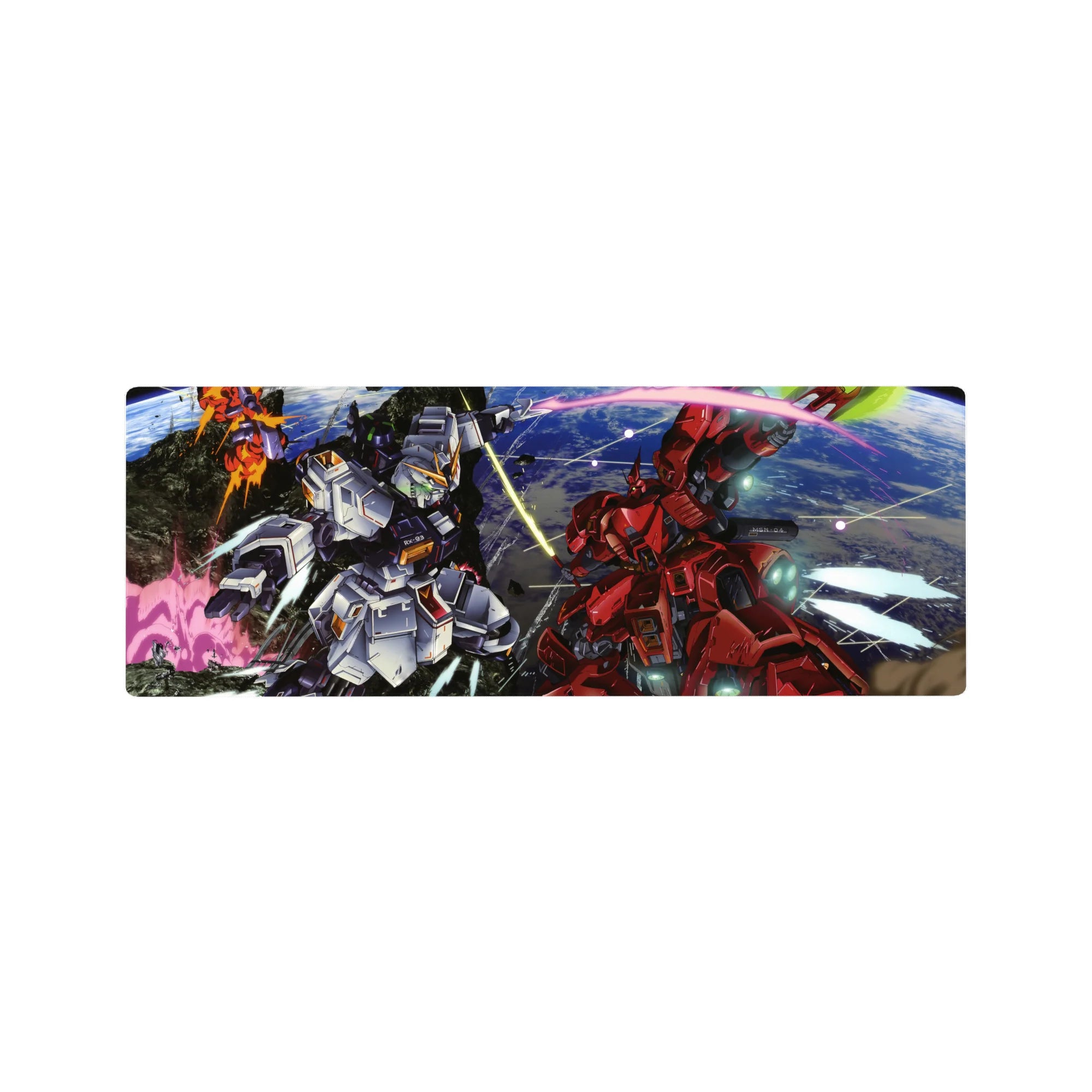 32x12 inches anime mouse pad with Nu Gundam vs Sazabi over Earth, beam trails and debris detail.