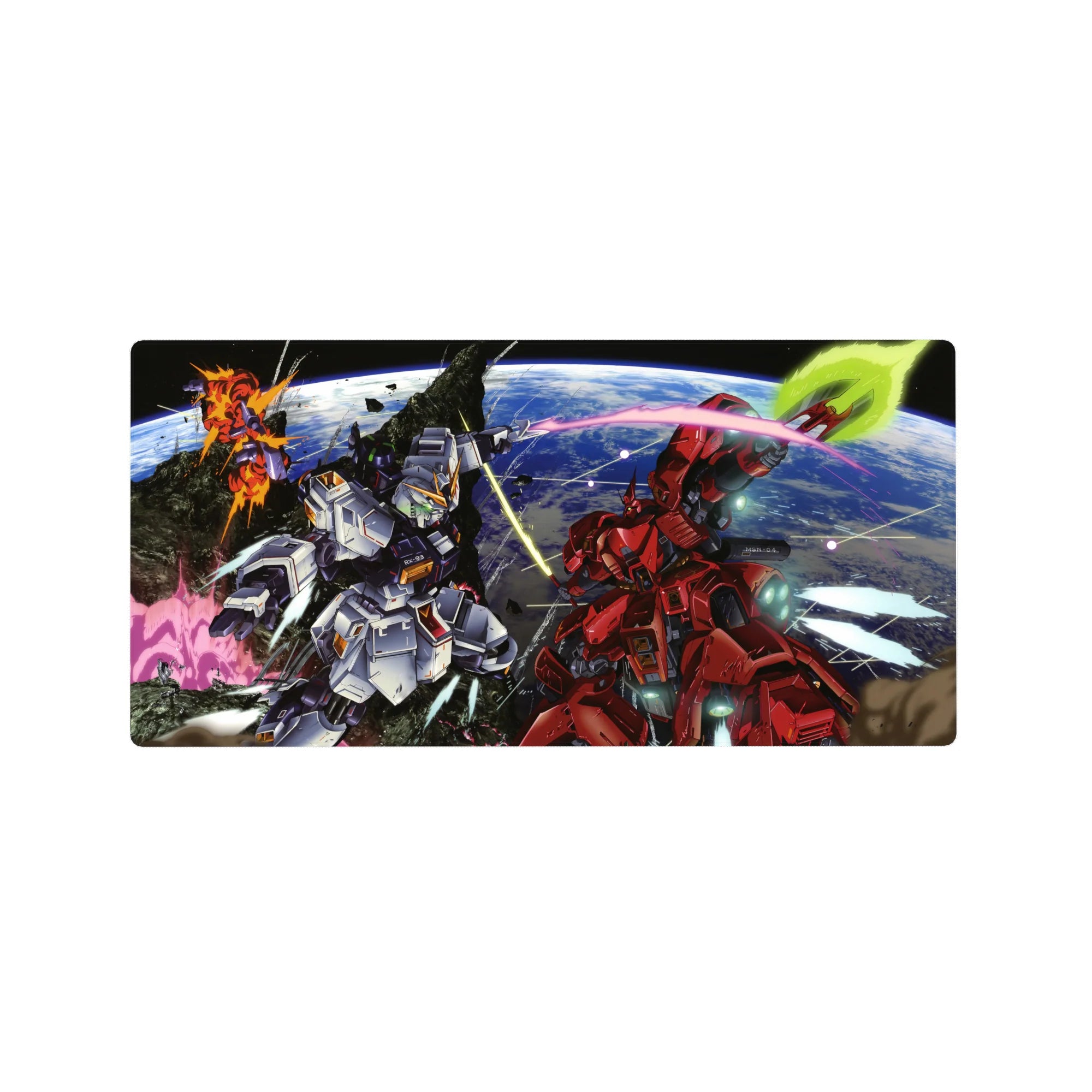 32x16 inches anime mouse pad with Gundam space battle over Earth, beam trails and cockpit-style details.