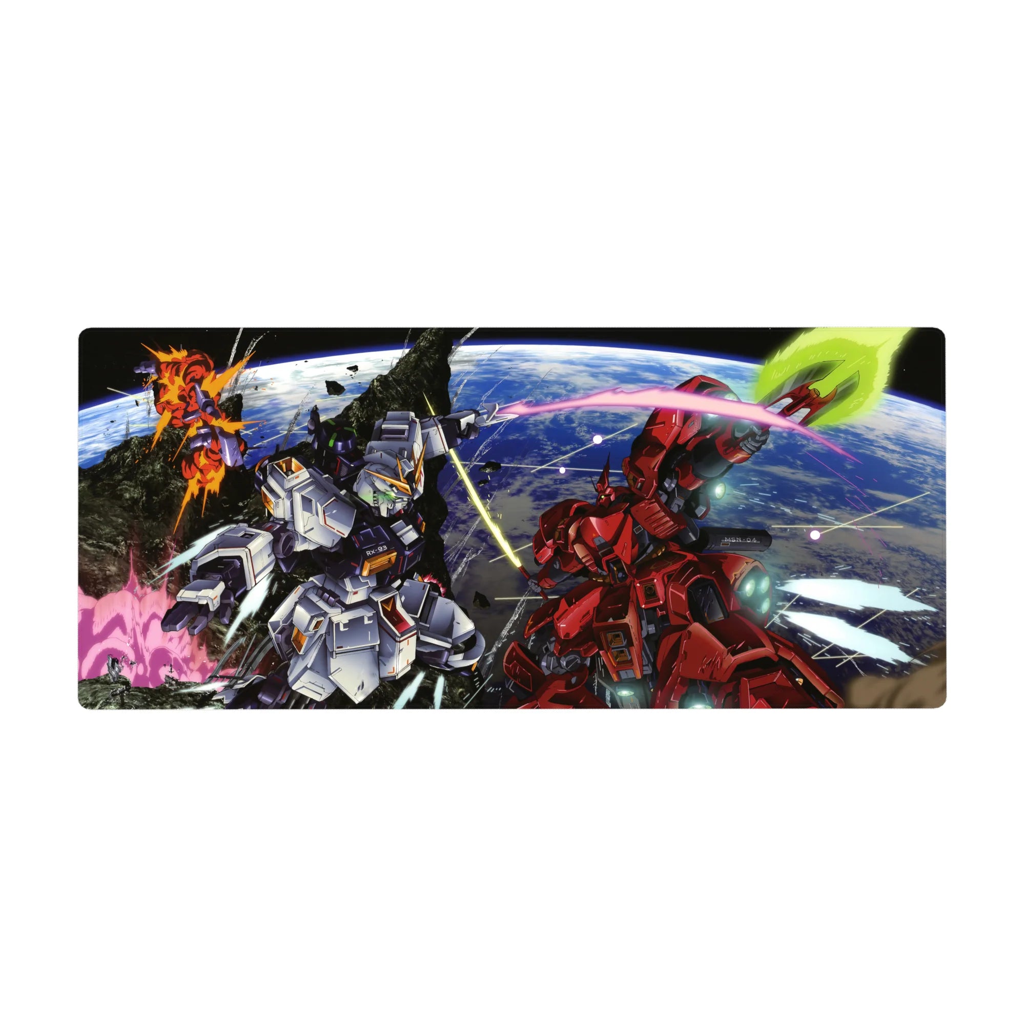 36x16 inches anime desk pad with Nu Gundam vs Sazabi over Earth, beam trails and space debris detail.