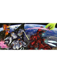 36x16 inches anime desk pad with Nu Gundam vs Sazabi over Earth, beam trails and space debris detail.