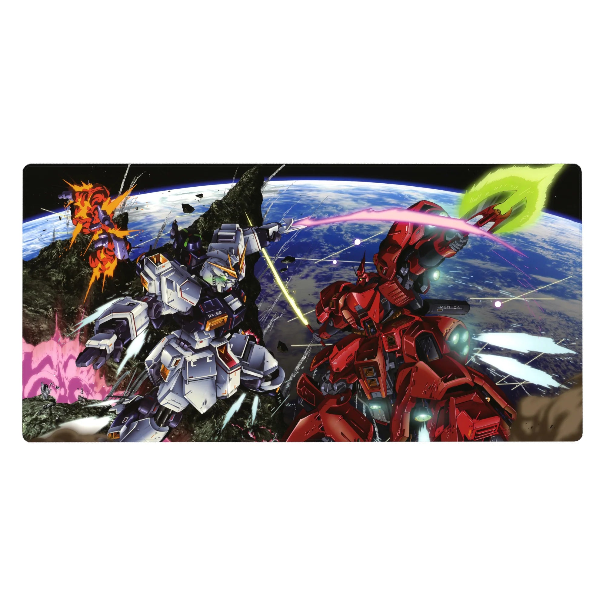 40x20 inches anime desk pad with Nu Gundam vs Sazabi over Earth, beam trails and space debris.