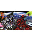40x20 inches anime desk pad with Nu Gundam vs Sazabi over Earth, beam trails and space debris.