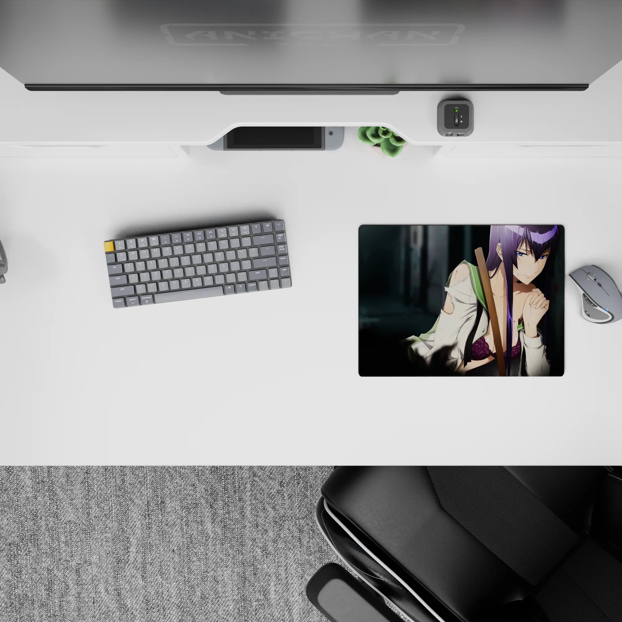 Edgy purple and smoky grey anime mouse pad 14x10 inches with torn shirt detail and violet lace pop.