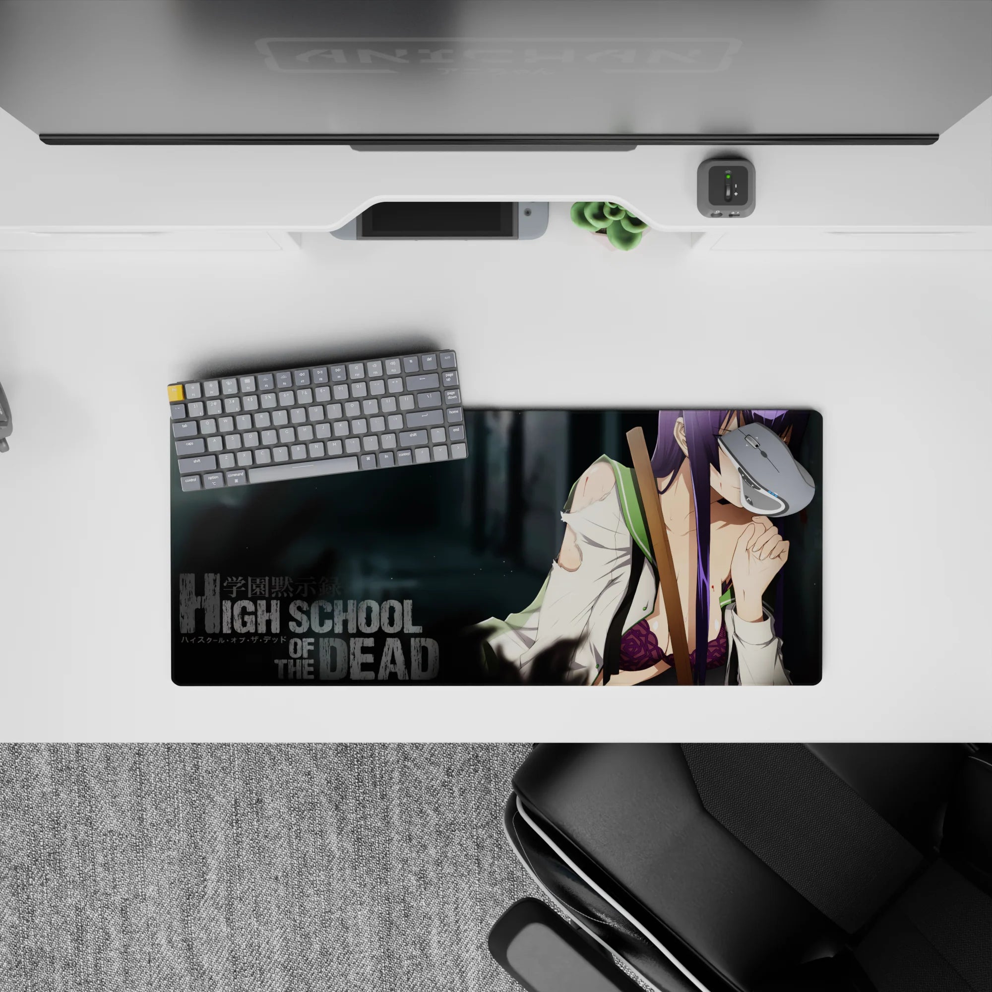 28x12 inches anime girl mouse pad in deep purples and smoky greys, edgy calm vibe for gaming.