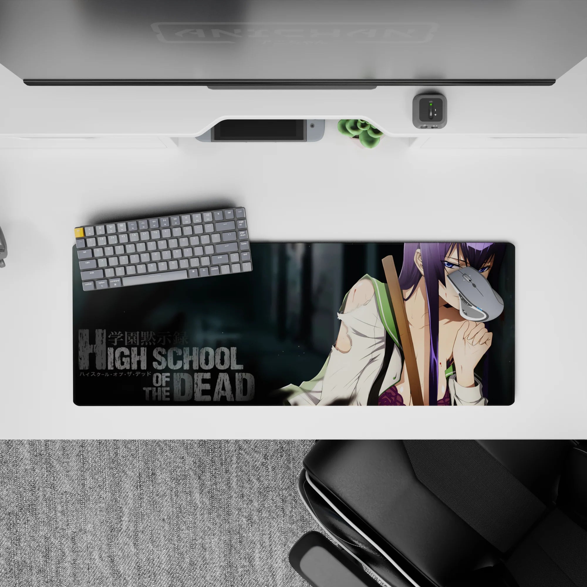 Anime girl mouse pad 32x12 inches in deep purples and smoky greys with gritty, edgy vibe.