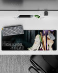 Anime girl mouse pad 32x12 inches in deep purples and smoky greys with gritty, edgy vibe.
