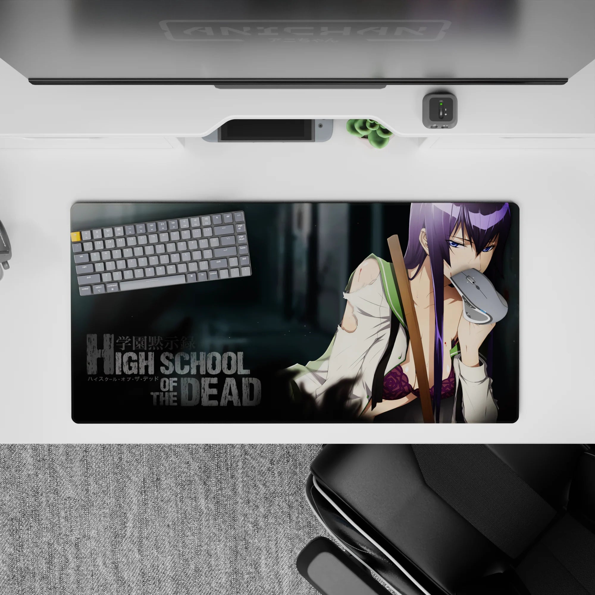 Edgy purple and smoky grey anime girl desk mat with torn shirt detail, 32x16 inches.