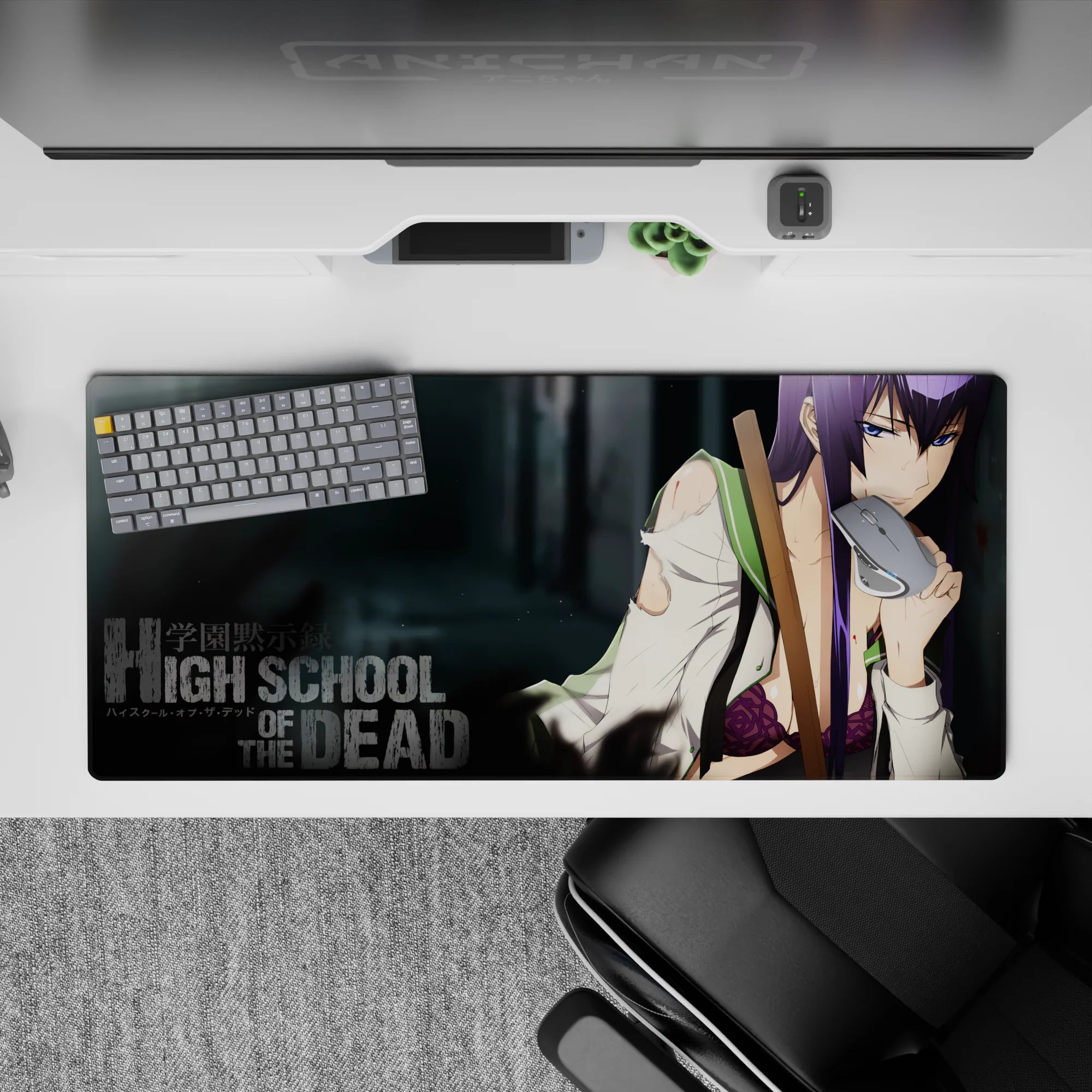 Purple and smoky grey anime desk pad 36x16 inches, edgy yet cute vibe for smooth mouse tracking.