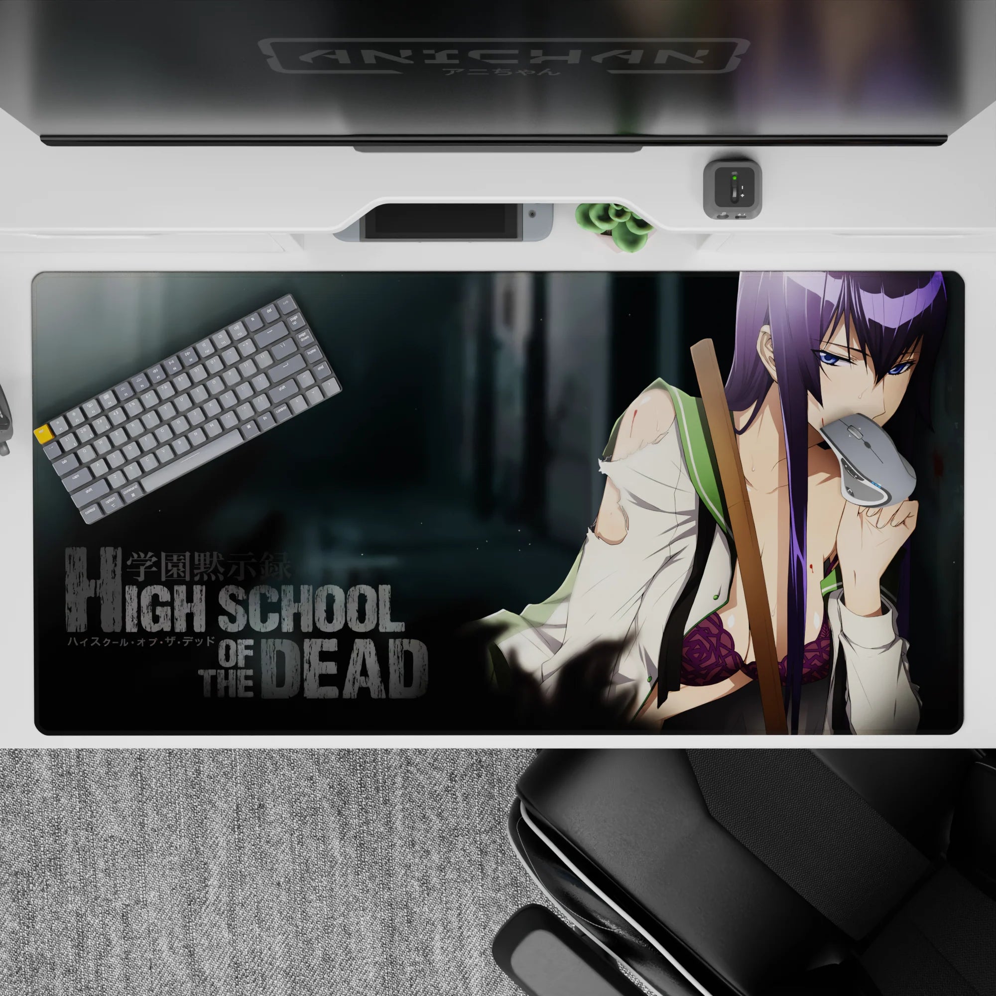 Edgy purple and smoky grey anime girl desk pad 40x20 inches with cute lace accents and dark vibe.