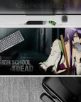 Edgy purple and smoky grey anime girl desk pad 40x20 inches with cute lace accents and dark vibe.
