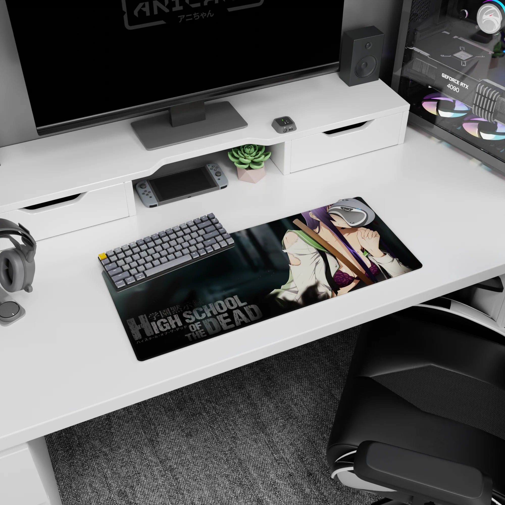 28x12 inches Highschool of the Dead mouse pad featuring Saeko Busujima staring forward, violet lace.