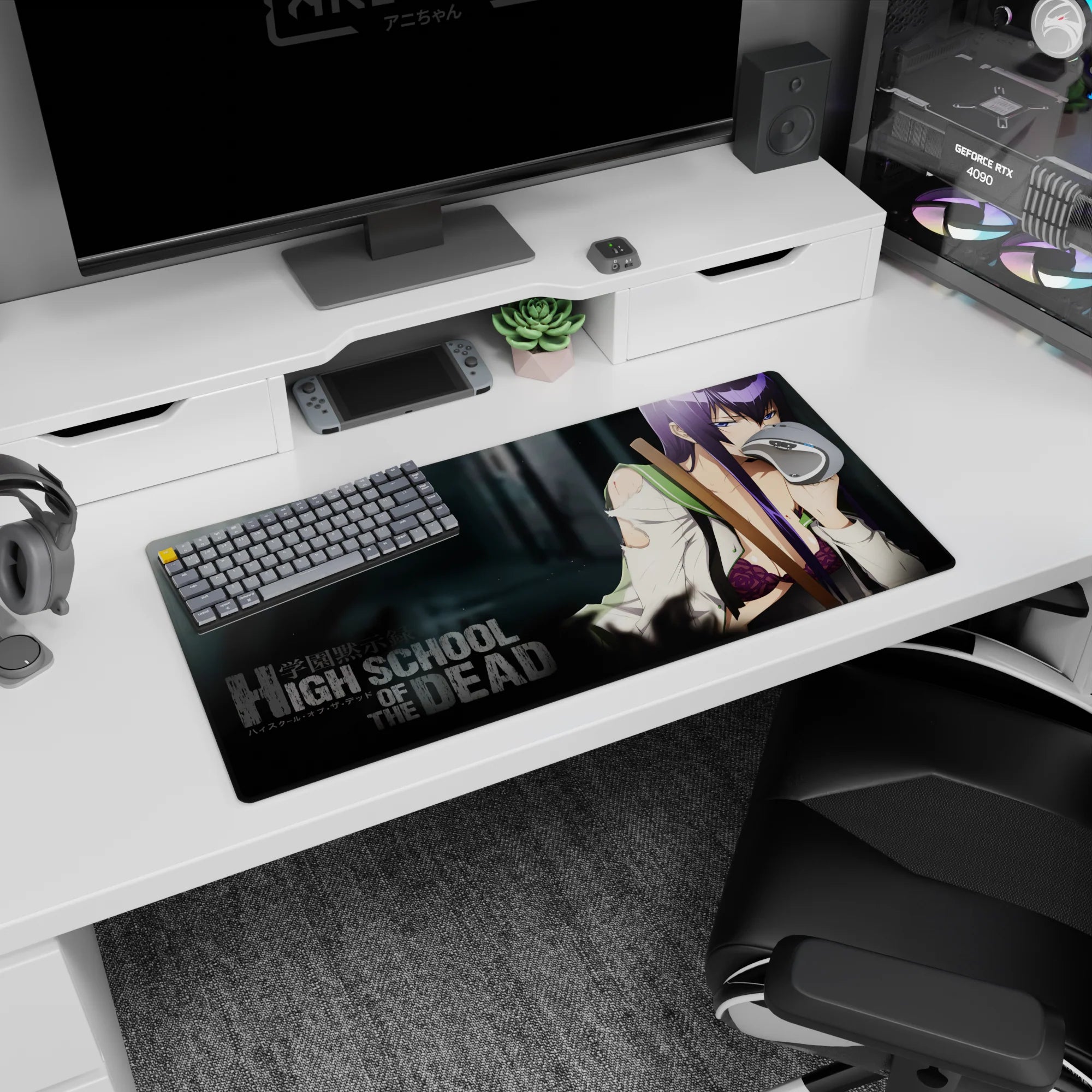Saeko Busujima staring down anime mouse pad from Highschool of the Dead, 32x16 inches.