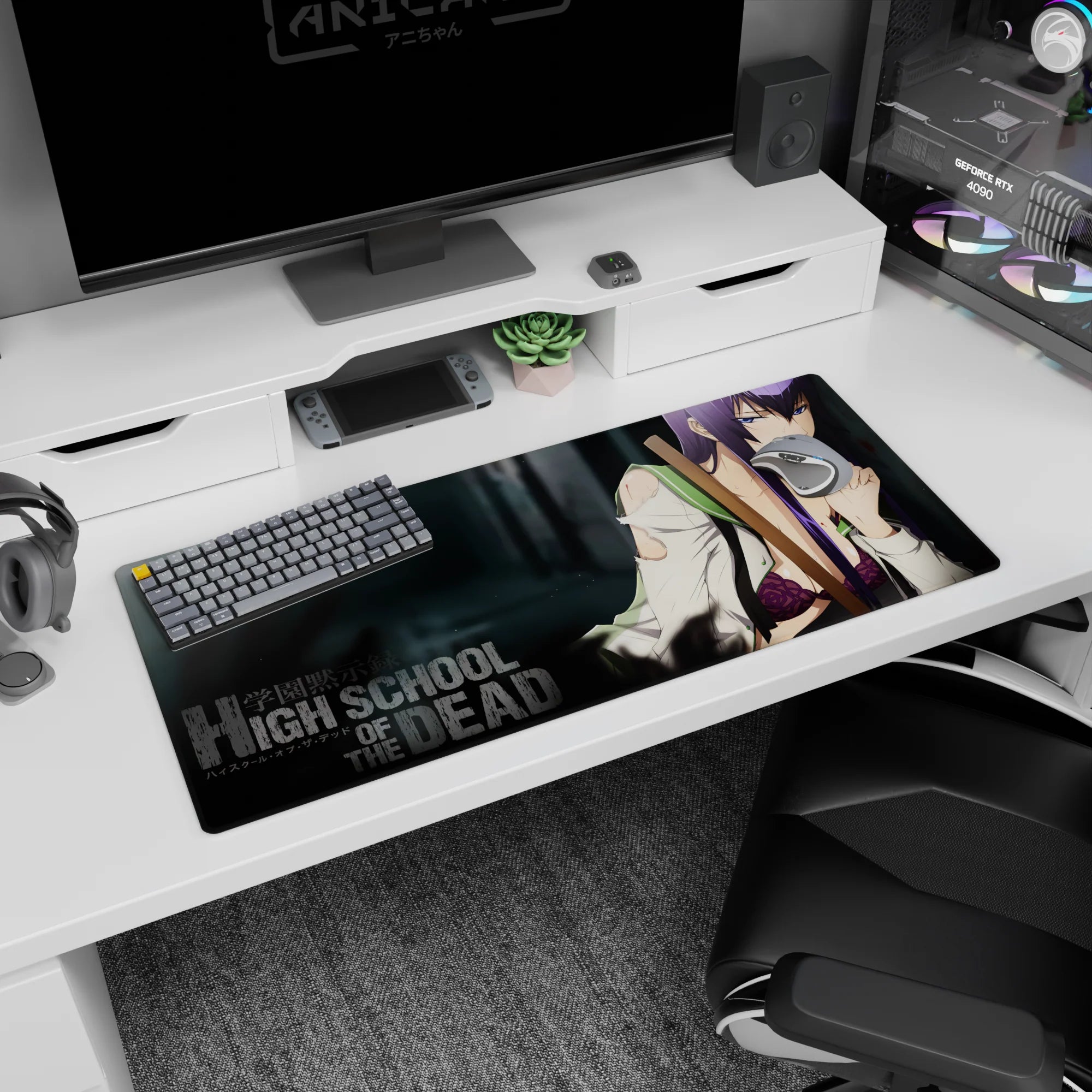 Saeko Busujima staring down on anime desk pad 36x16 inches, calm dangerous look from Highschool of the Dead.