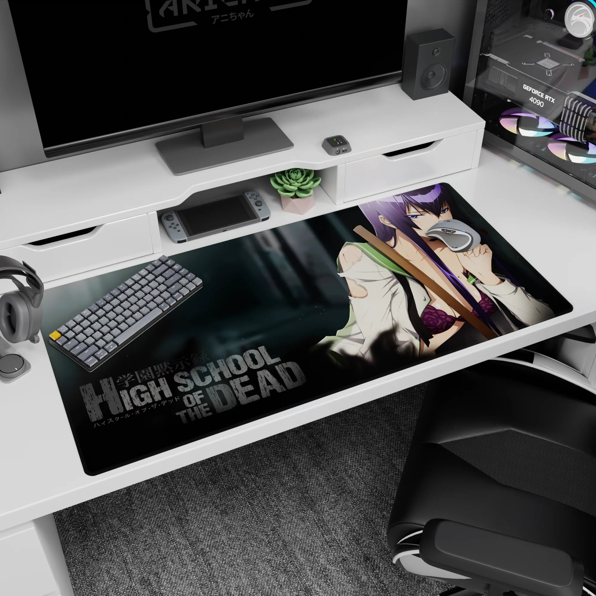 Saeko Busujima Highschool of the Dead desk pad 40x20 inches, calm dangerous stare, torn shirt.