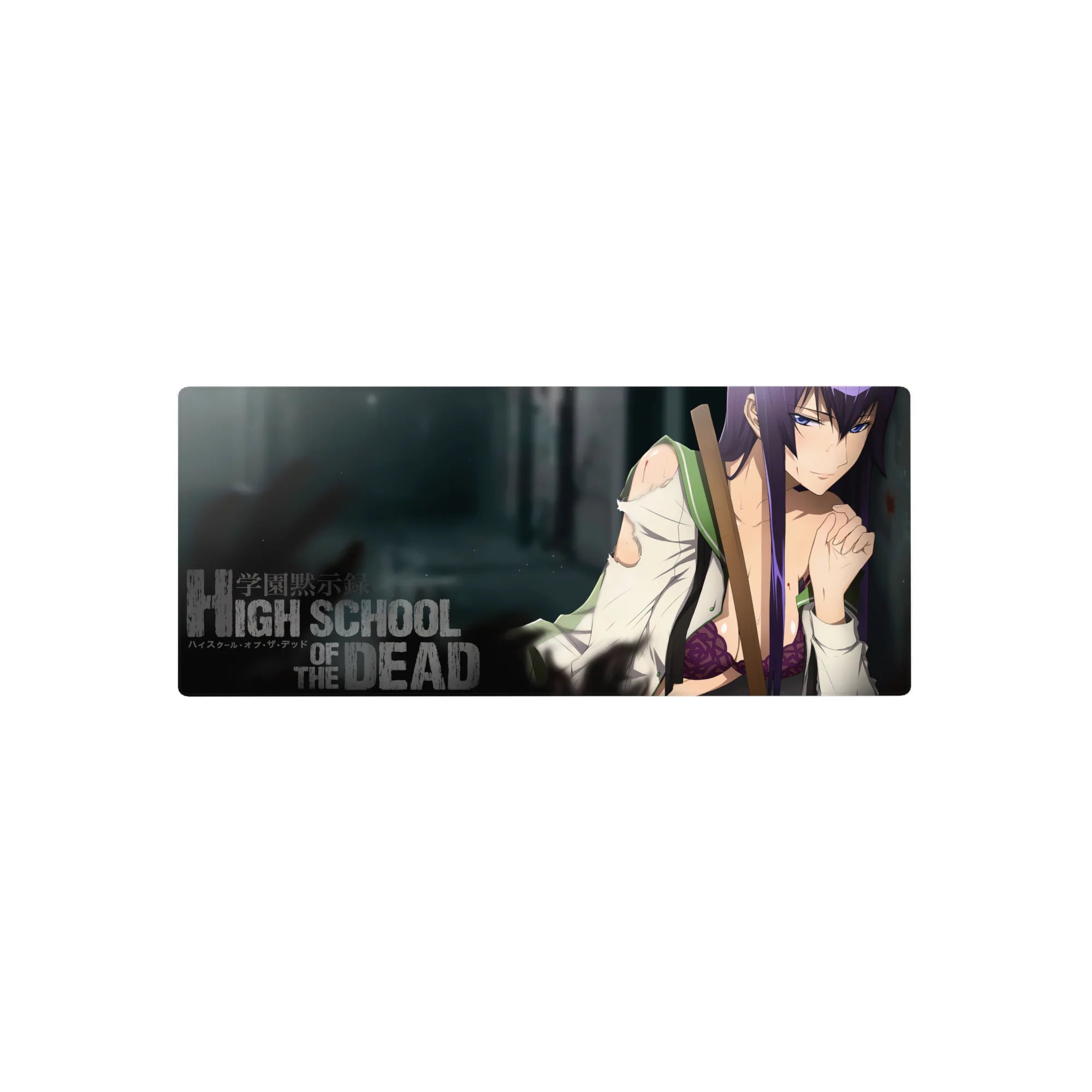 28x12 inches anime girl mouse pad with poster-style title text, torn shirt detail, gritty backdrop.