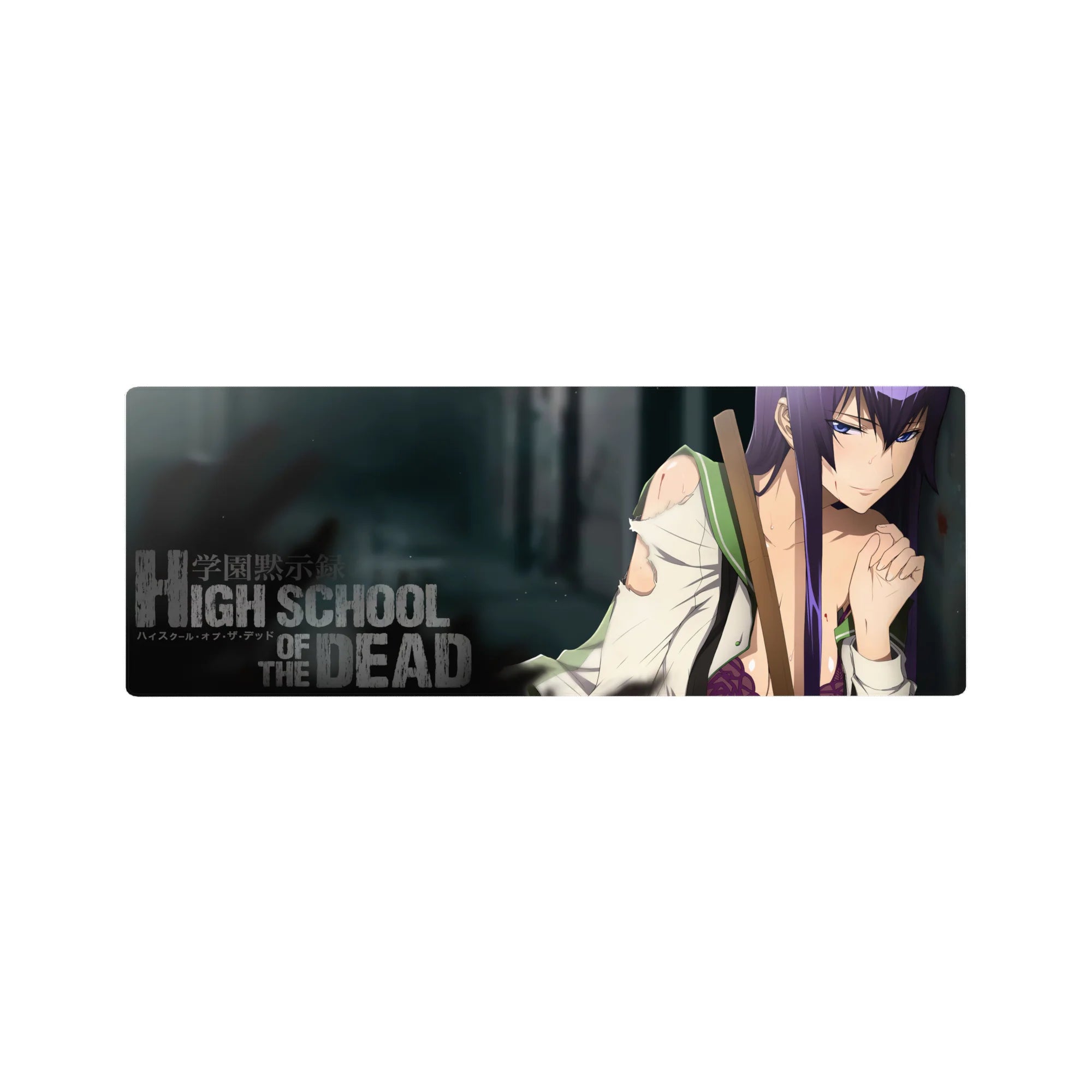 Anime girl mouse pad 32x12 inches with Saeko Busujima poster-style art and torn shirt detail.