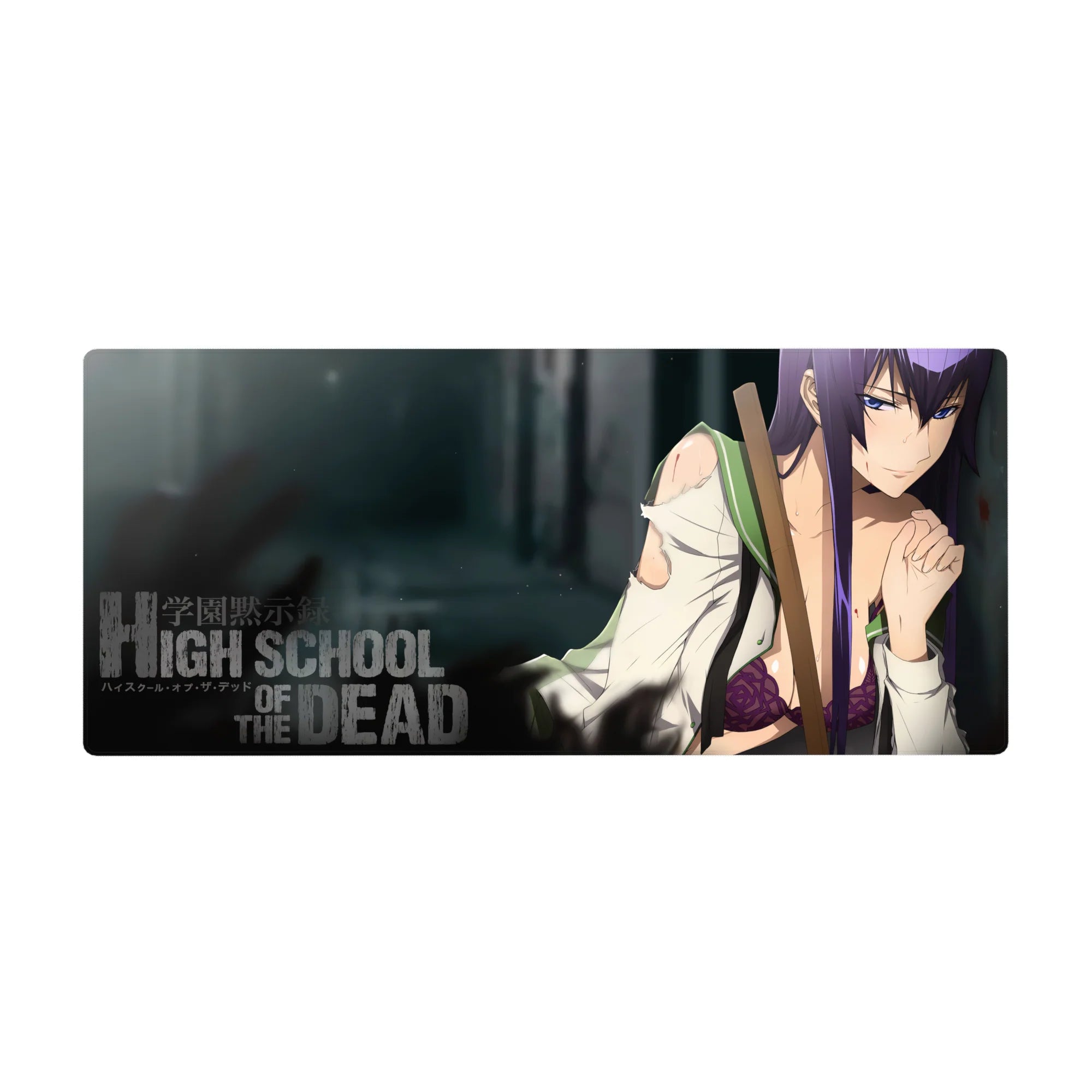Anime girl desk pad 36x16 inches with torn shirt, bold poster title, gritty Highschool of the Dead style.