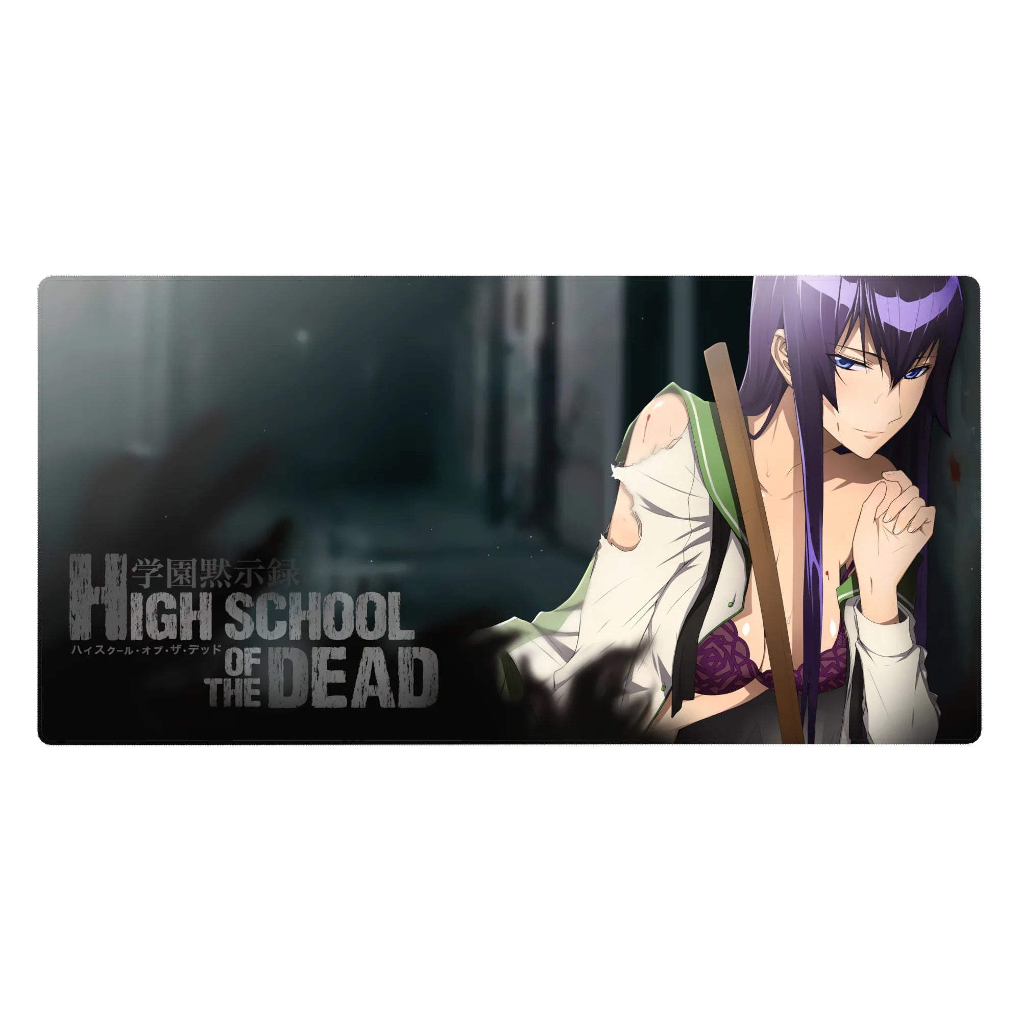 Anime girl desk pad 40x20 inches with bold poster title, torn shirt detail, gritty anime backdrop.