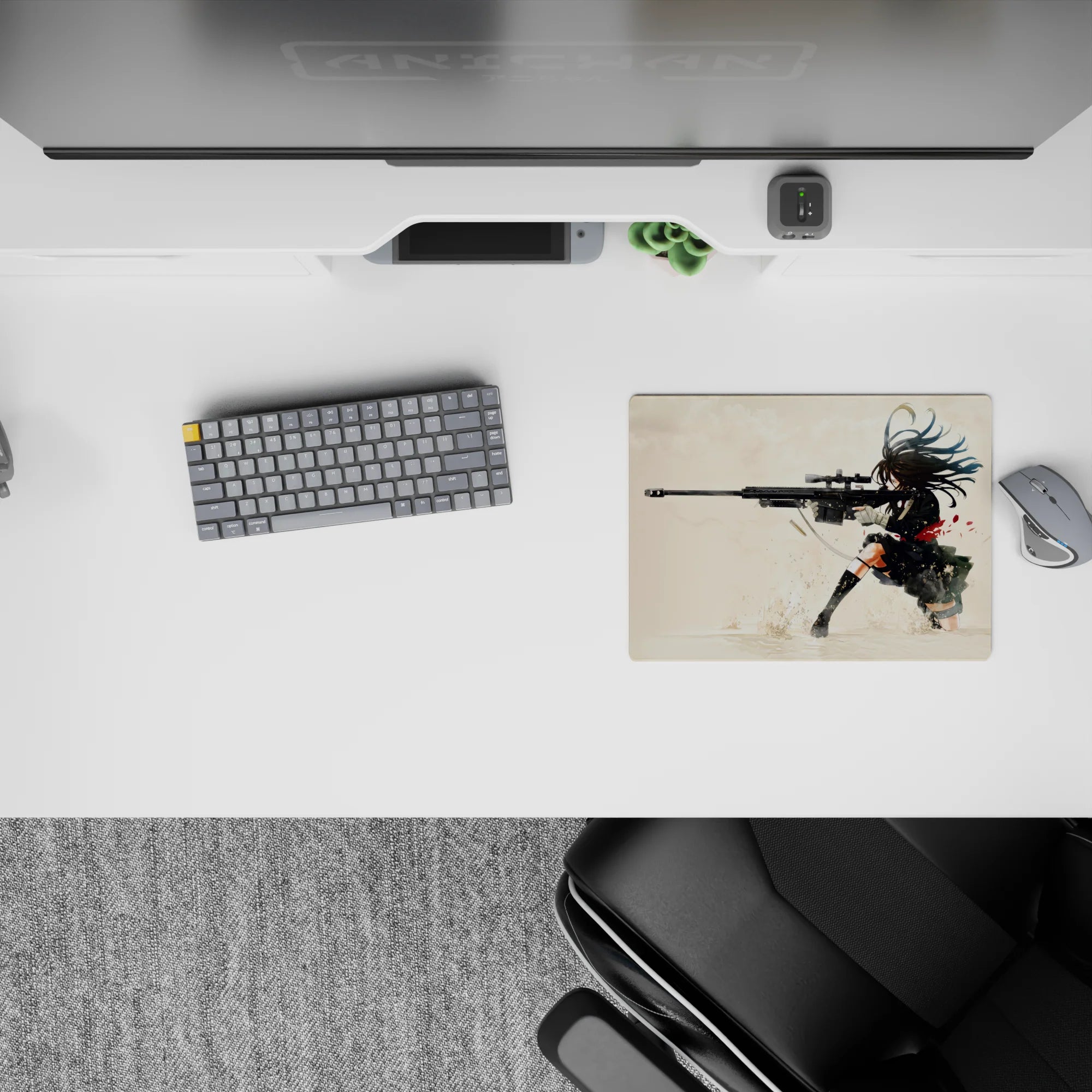 Cream and black anime mouse pad 14x10 inches with gritty ink shadows, red tie accents, intense vibe.