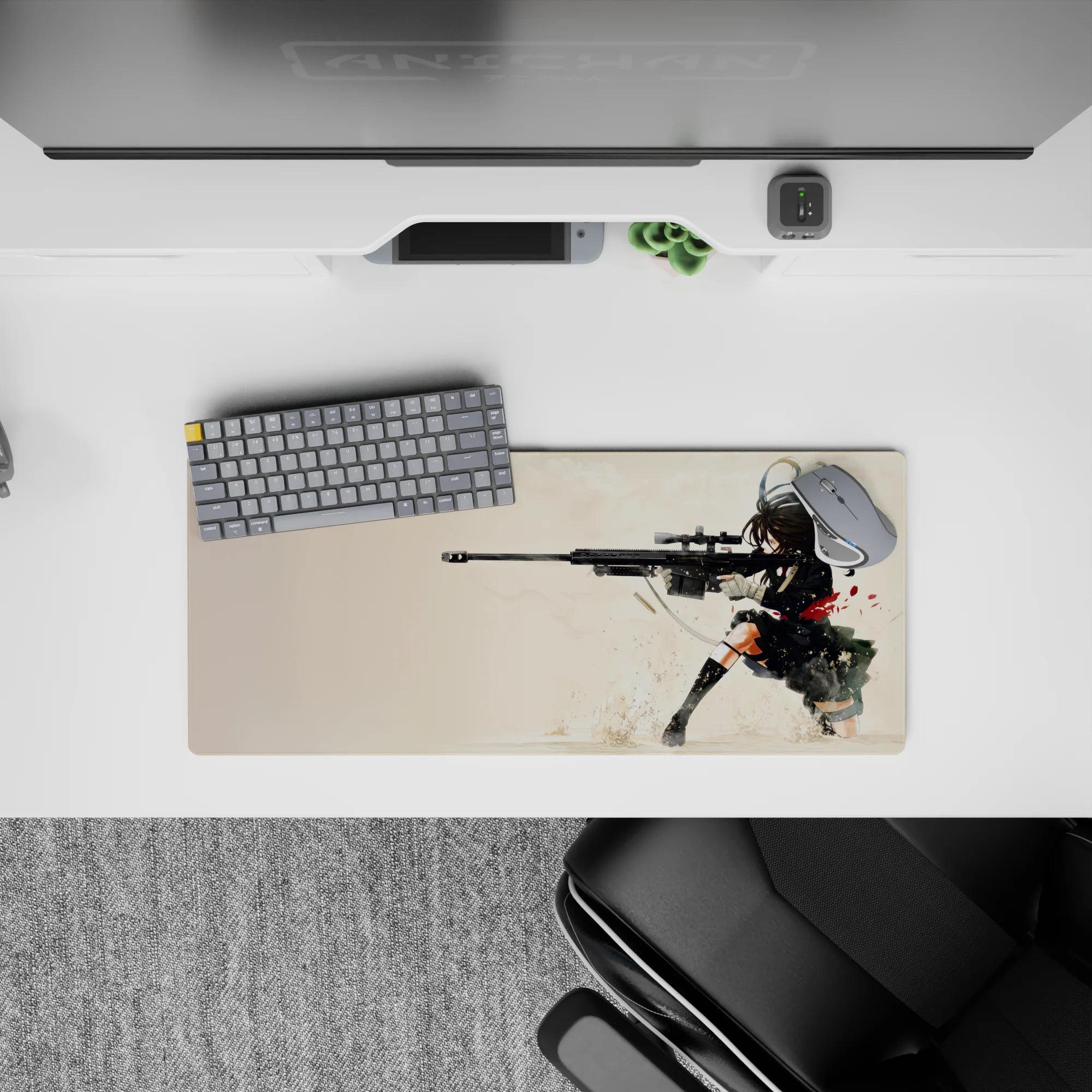 Cream backdrop with inky shadows and gritty splatter, intense anime sniper mouse pad, 28x12 inches.