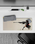 Cream backdrop with inky shadows and gritty splatter, intense anime sniper mouse pad, 28x12 inches.