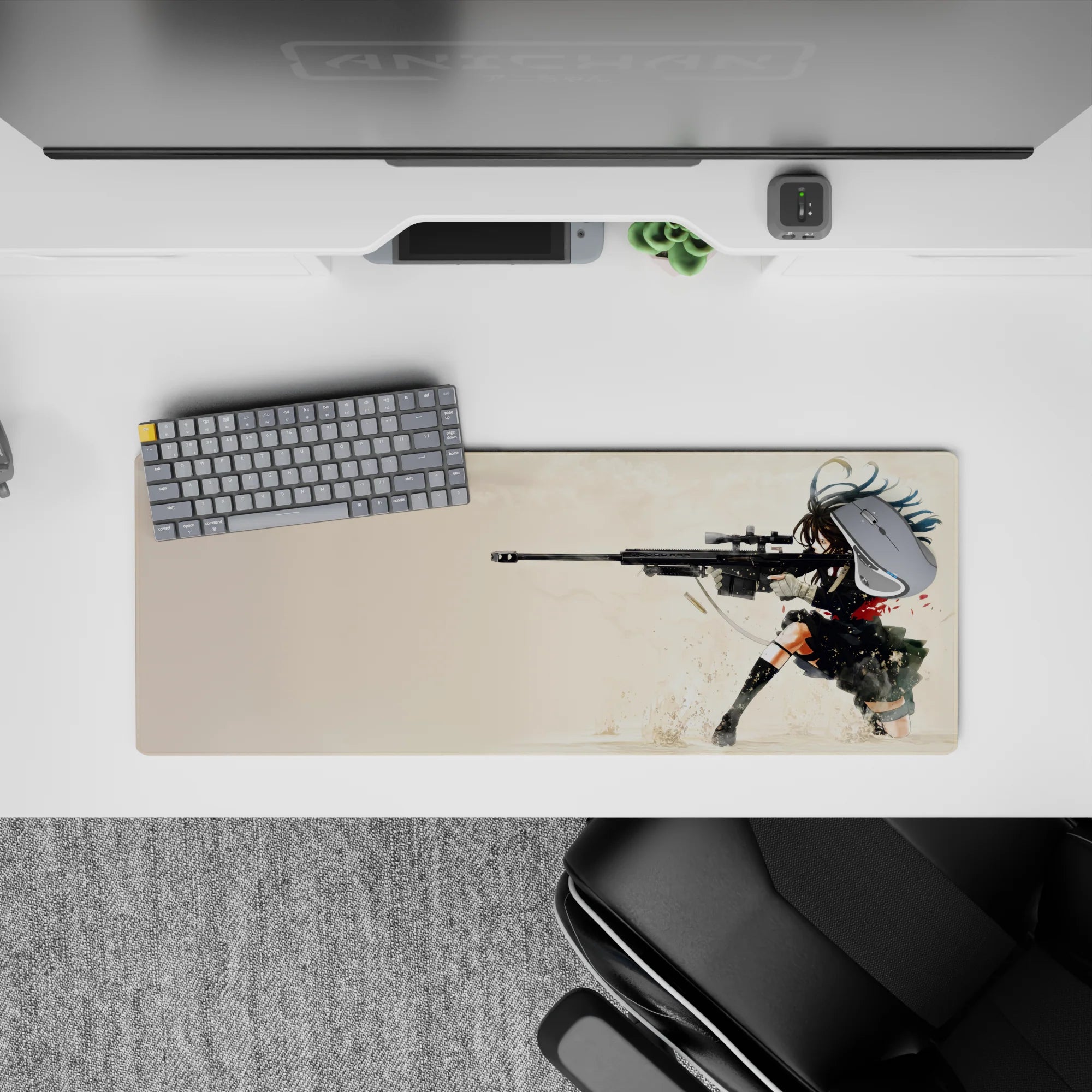 32x12 inches anime mouse pad in cream and black with red tie accents, gritty shadows, intense action mood.