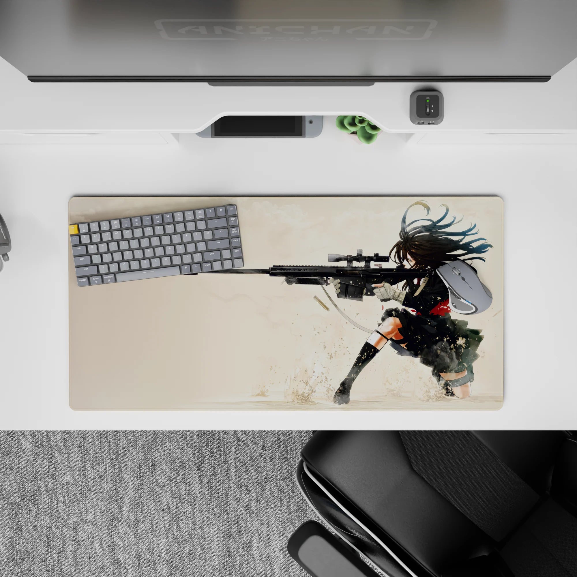 32x16 inches anime girl mouse pad in cream tones with inky shadows, gritty splatter, intense vibe.