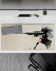 32x16 inches anime girl mouse pad in cream tones with inky shadows, gritty splatter, intense vibe.