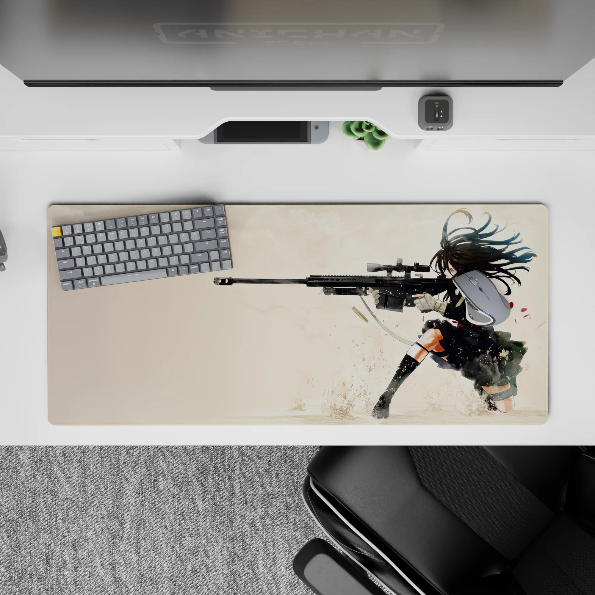 Cream background with black uniform and red tie, gritty intense anime desk pad, 36x16 inches.